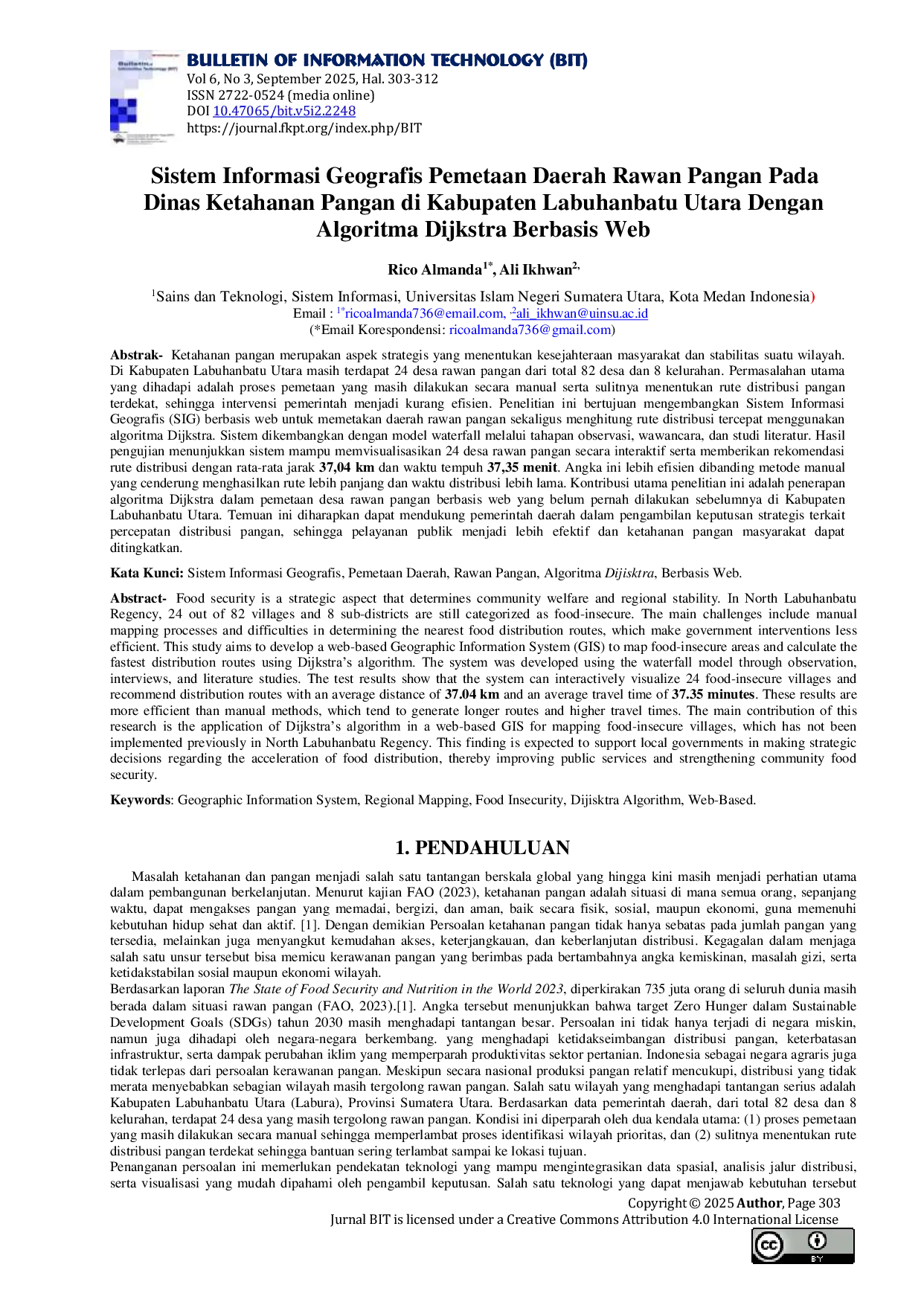 JURIS Sistem Informasi Geografis Pemetaan Daerah Rawan Pangan Pada Dinas Ketahanan Pangan di Kabupaten Labuhanbatu Utara Dengan Algoritma Dijkstra Berbasis Web