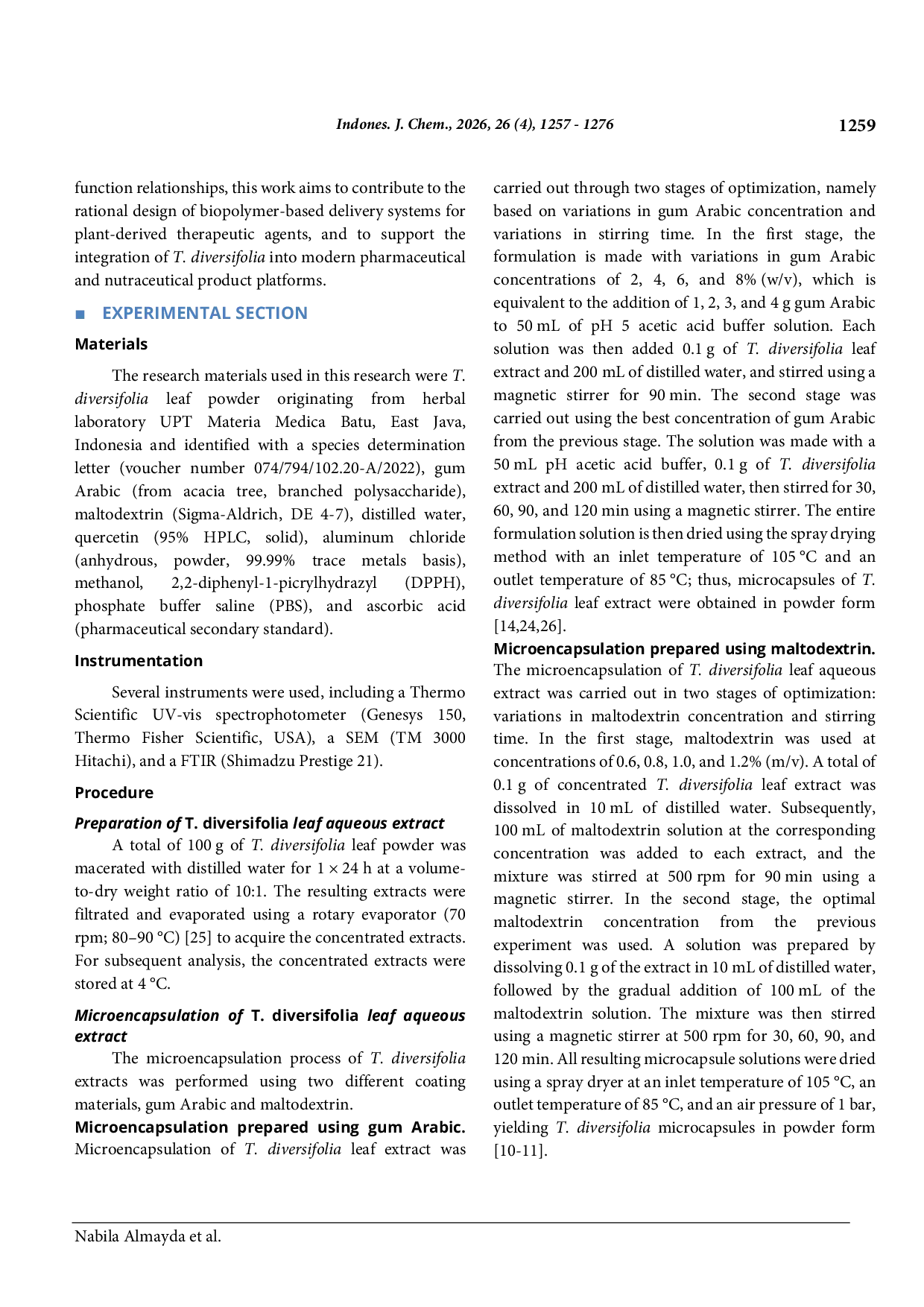 JURIS Influence of Gum Arabic and Maltodextrin on the Performance of Biopolymer Microencapsulation for Tithonia diversifolia Extract Efficiency and Release Kinetics