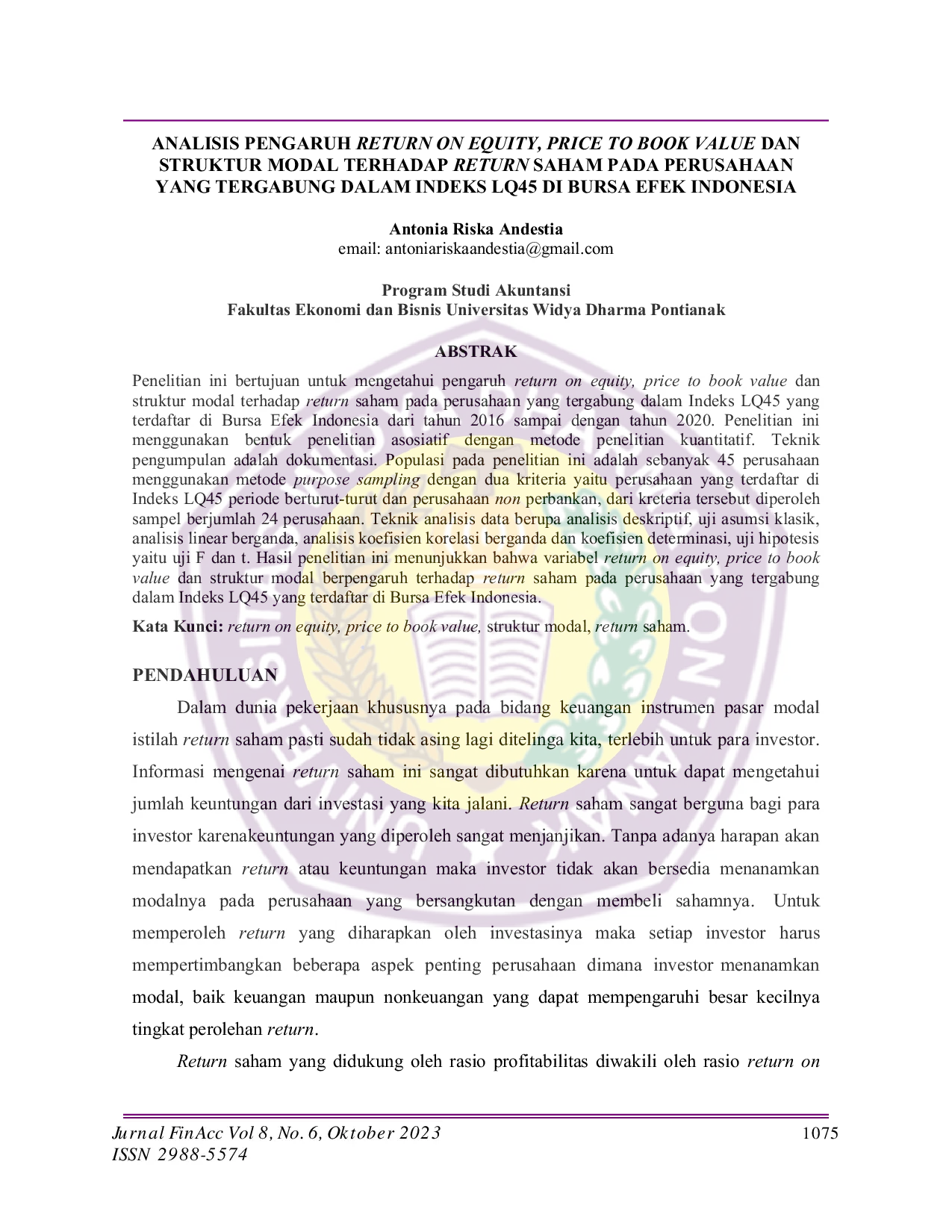 JURIS Analisis Pengaruh Return On Equity Price To Book Value Dan Struktur Modal Terhadap Return Saham Pada Perusahaan Yang Tergabung Dalam Indeks LQ45 Di Bursa Efek Indonesia