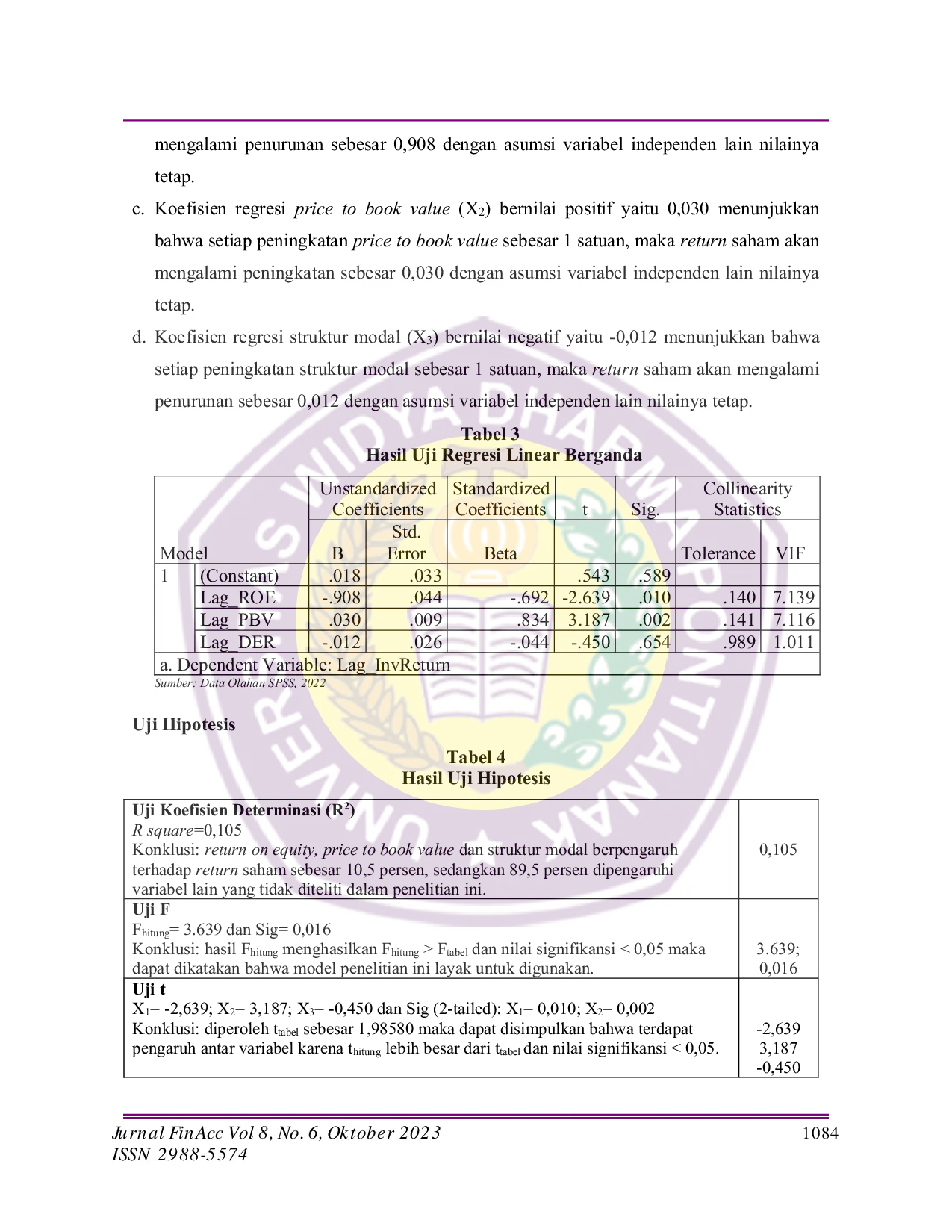 JURIS Analisis Pengaruh Return On Equity Price To Book Value Dan Struktur Modal Terhadap Return Saham Pada Perusahaan Yang Tergabung Dalam Indeks LQ45 Di Bursa Efek Indonesia