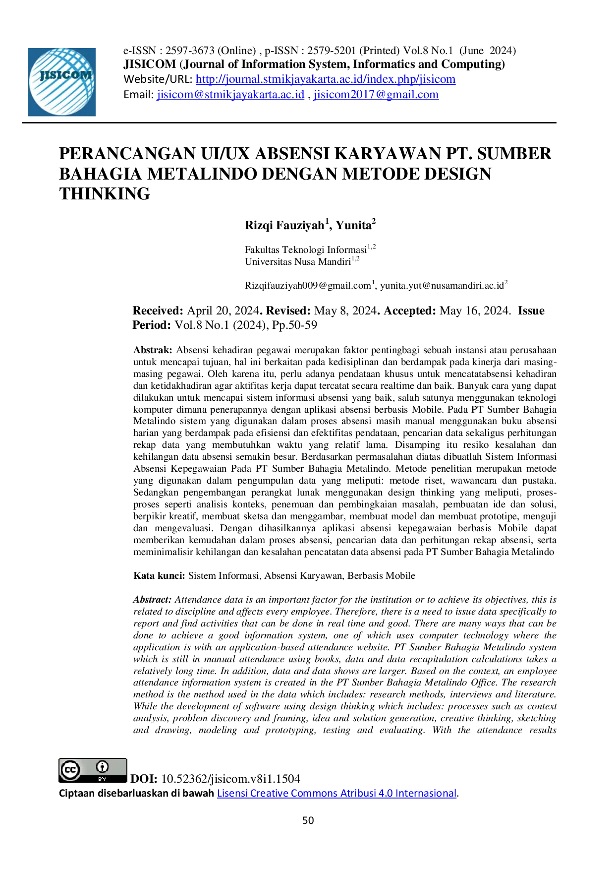 JURIS Perancangan UI UX Absensi Karyawan PT Sumber Bahagia Metalindo Dengan Metode Design Thinking