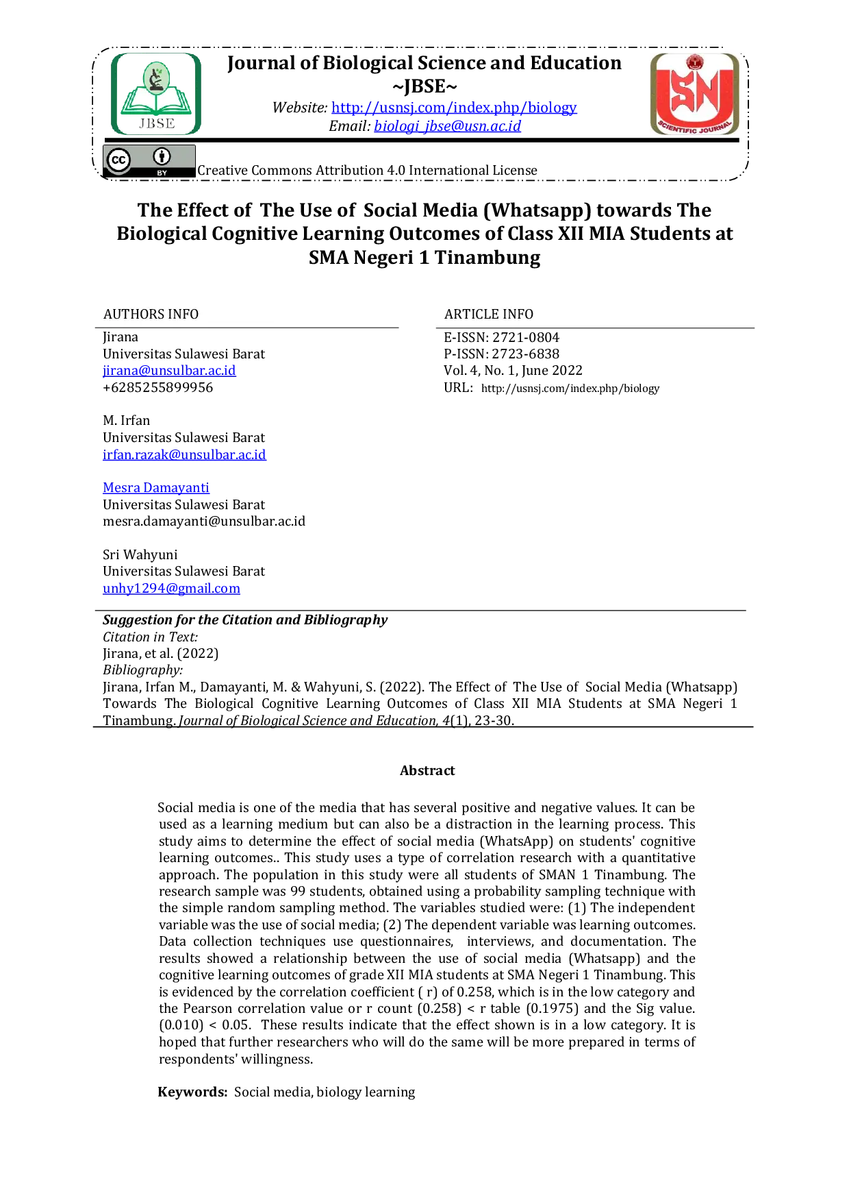 JURIS The Effect of The Use of Social Media Whatsapp towards The Biological Cognitive Learning Outcomes of Class XII MIA Students at SMA Negeri 1 Tinambung