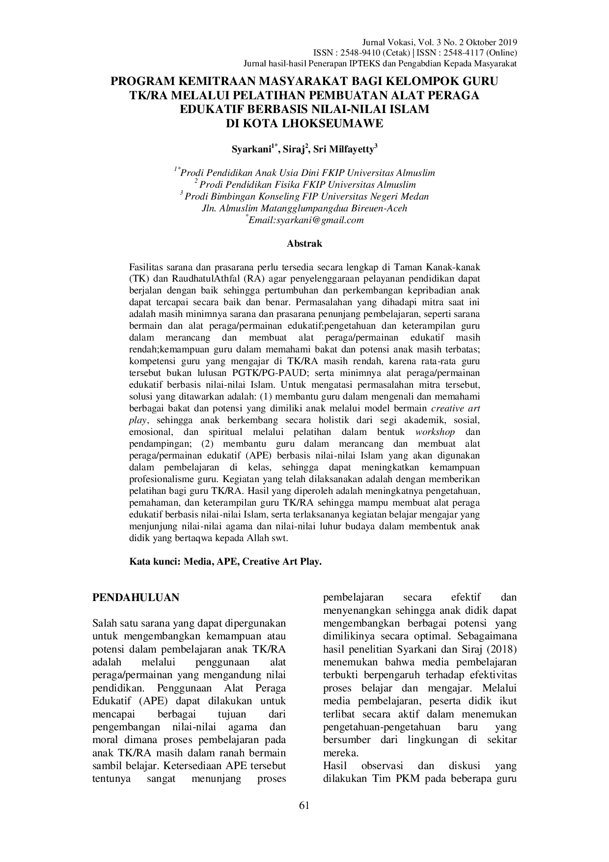 JURIS Program Kemitraan Masyarakat Bagi Kelompok Guru Tk Ra Melalui Pelatihan Pembuatan Alat Peraga Edukatif Berbasis Nilai Nilai Islam Di Kota Lhokseumawe