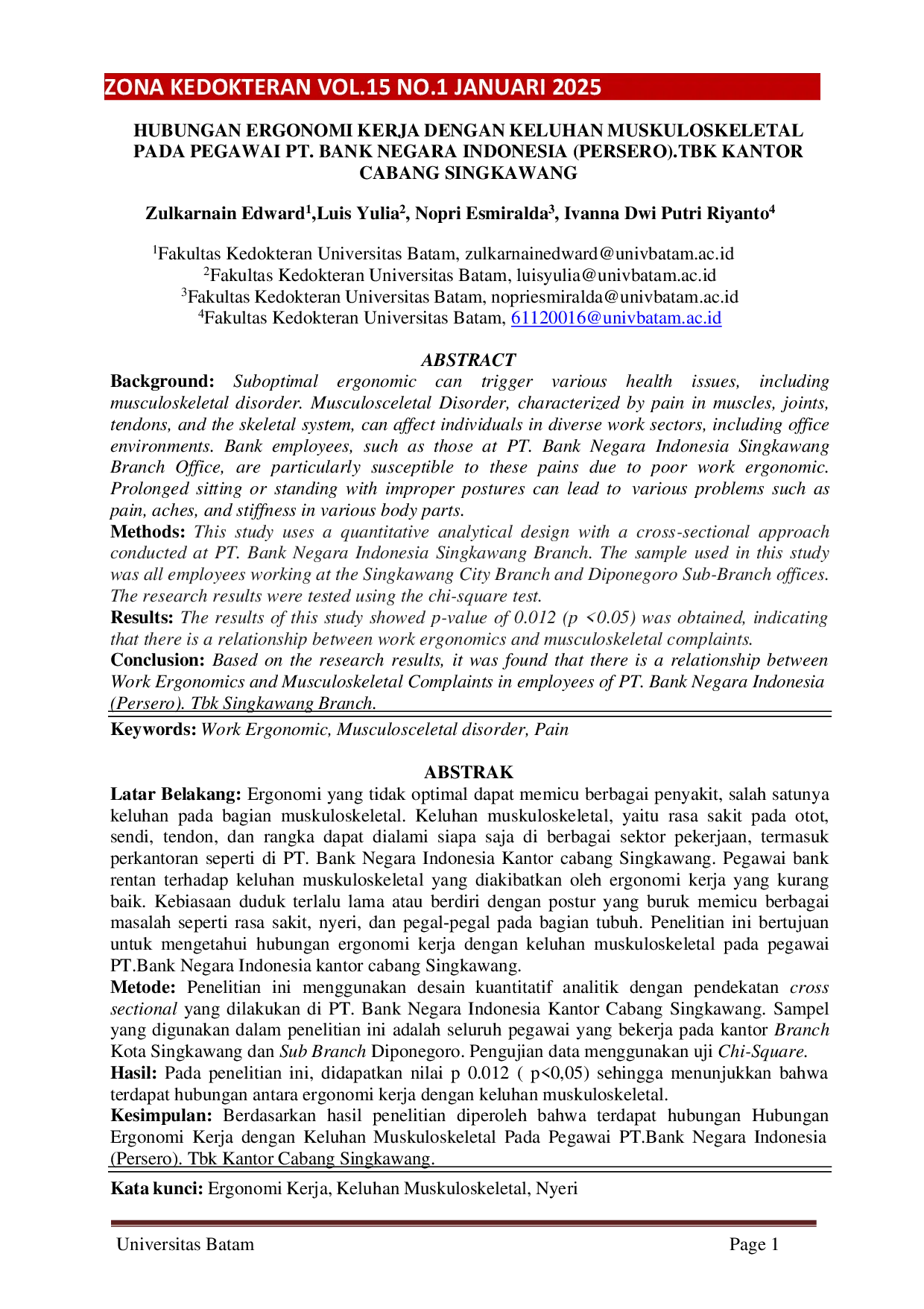 JURIS Hubungan Ergonomi Kerja Dengan Keluhan Muskuloskeletal Pada Pegawai PT Bank Negara Indonesia Persero Tbk Kantor Cabang Singkawang