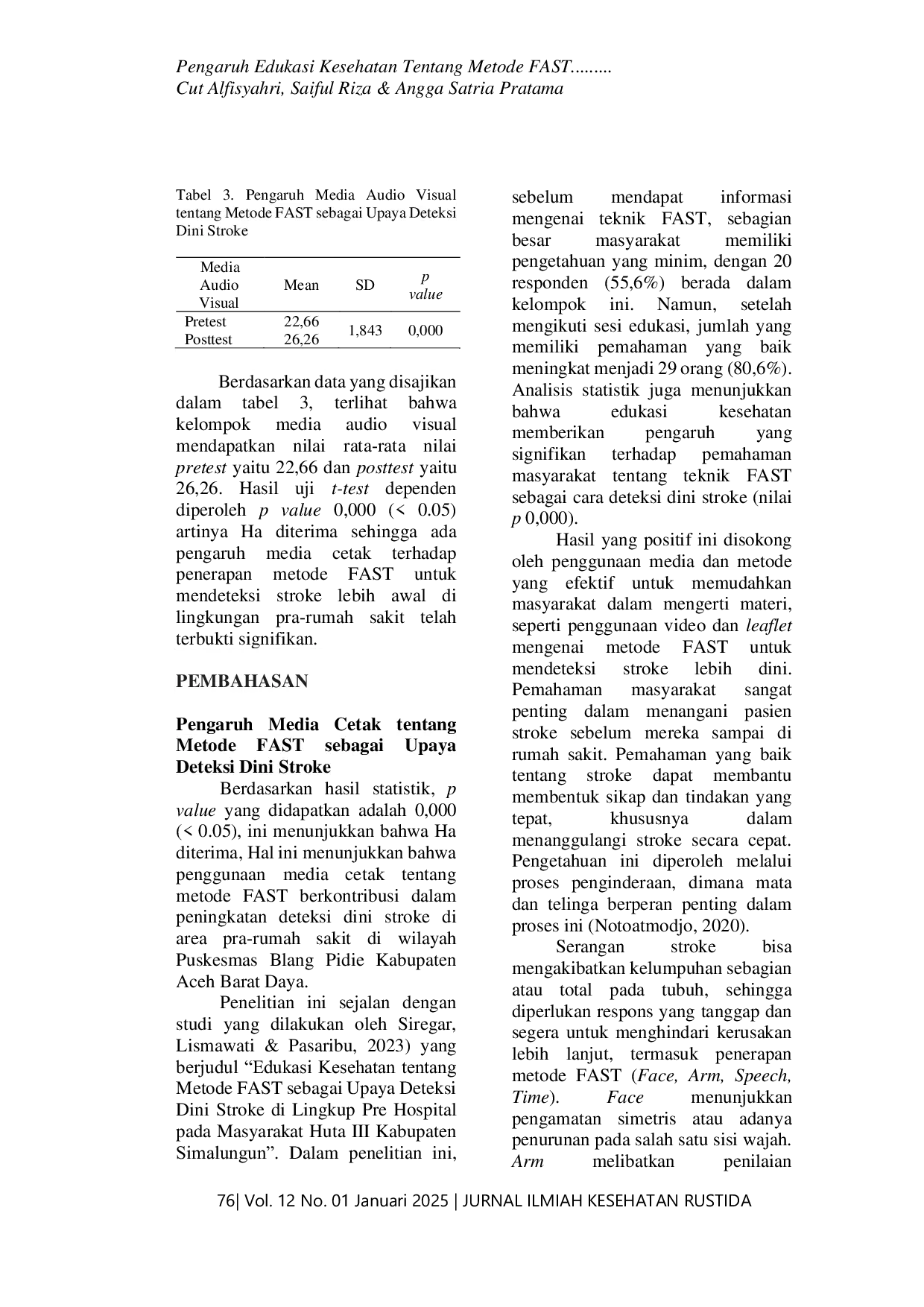 JURIS Pengaruh Edukasi Kesehatan Tentang Metode FAST Sebagai Upaya Deteksi Dini Stroke Di Lingkup Pre Hospital
