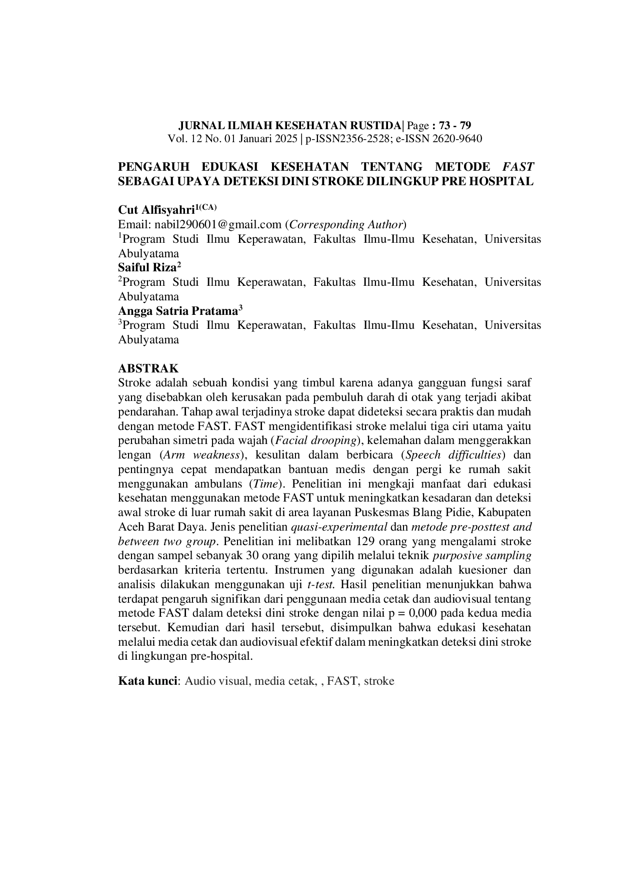 JURIS Pengaruh Edukasi Kesehatan Tentang Metode FAST Sebagai Upaya Deteksi Dini Stroke Di Lingkup Pre Hospital