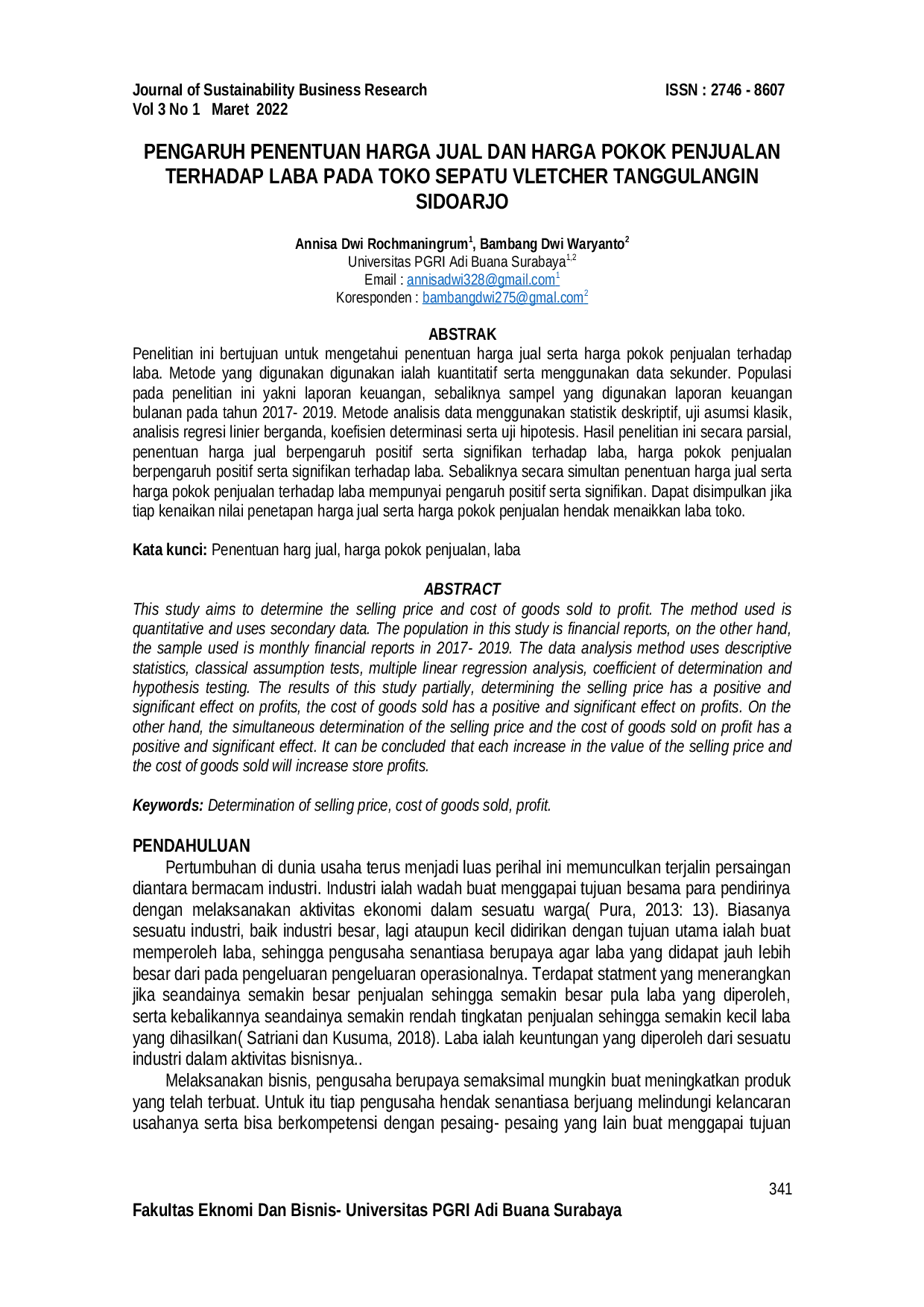 JURIS Pengaruh Penentuan Harga Jual dan Harga Pokok Penjualan Terhadap Laba pada Toko Sepatu Vletcher Tanggulangin Sidoarjo