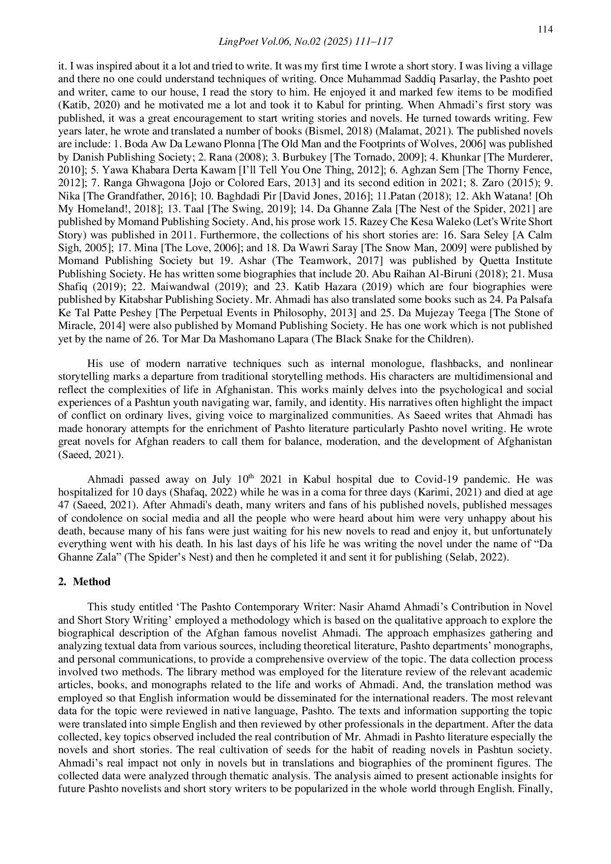 JURIS Pashto Contemporary Writer Nasir Ahamd Ahmadi s Contribution in Novel and Short Story Writing