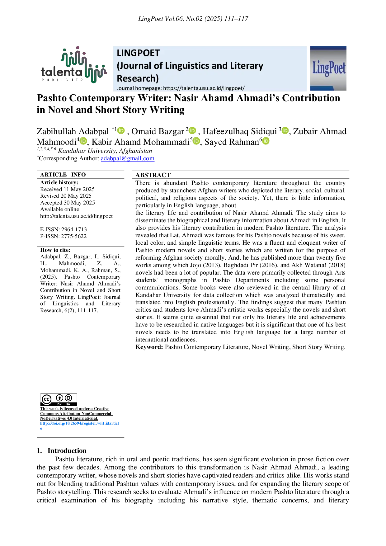 JURIS Pashto Contemporary Writer Nasir Ahamd Ahmadi s Contribution in Novel and Short Story Writing