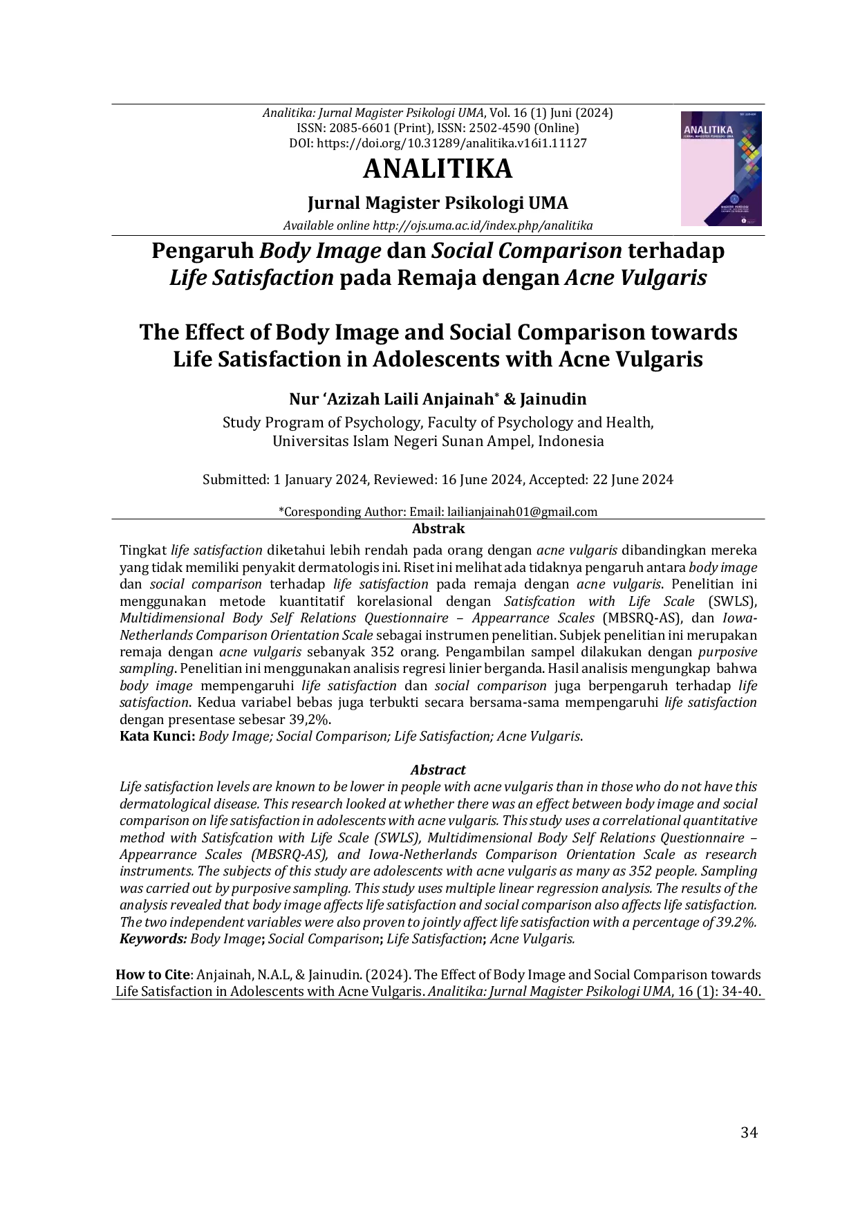 JURIS The Effect of Body Image and Social Comparison towards Life Satisfaction in Adolescents with Acne Vulgaris