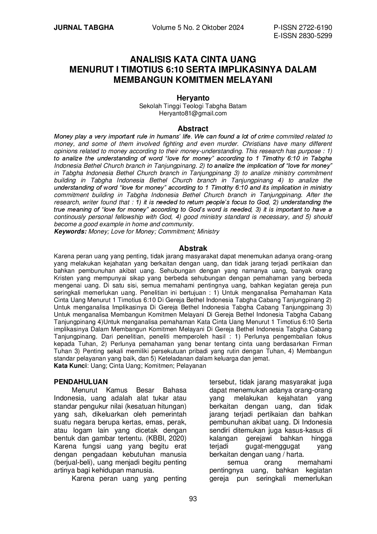 juris Analisis Kata Cinta Uang Menurut 1 Timotius 6 10 Serta Implikasinya Dalam Membangun Komitmen Melayani