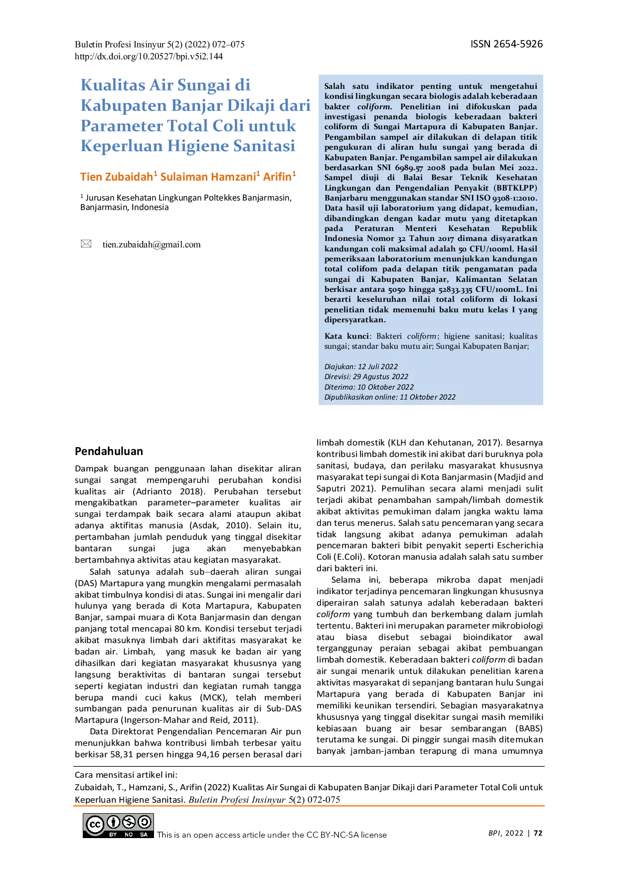 JURIS Kualitas Air Sungai di Kabupaten Banjar Dikaji dari Parameter Total Coli untuk Keperluan Higiene Sanitasi