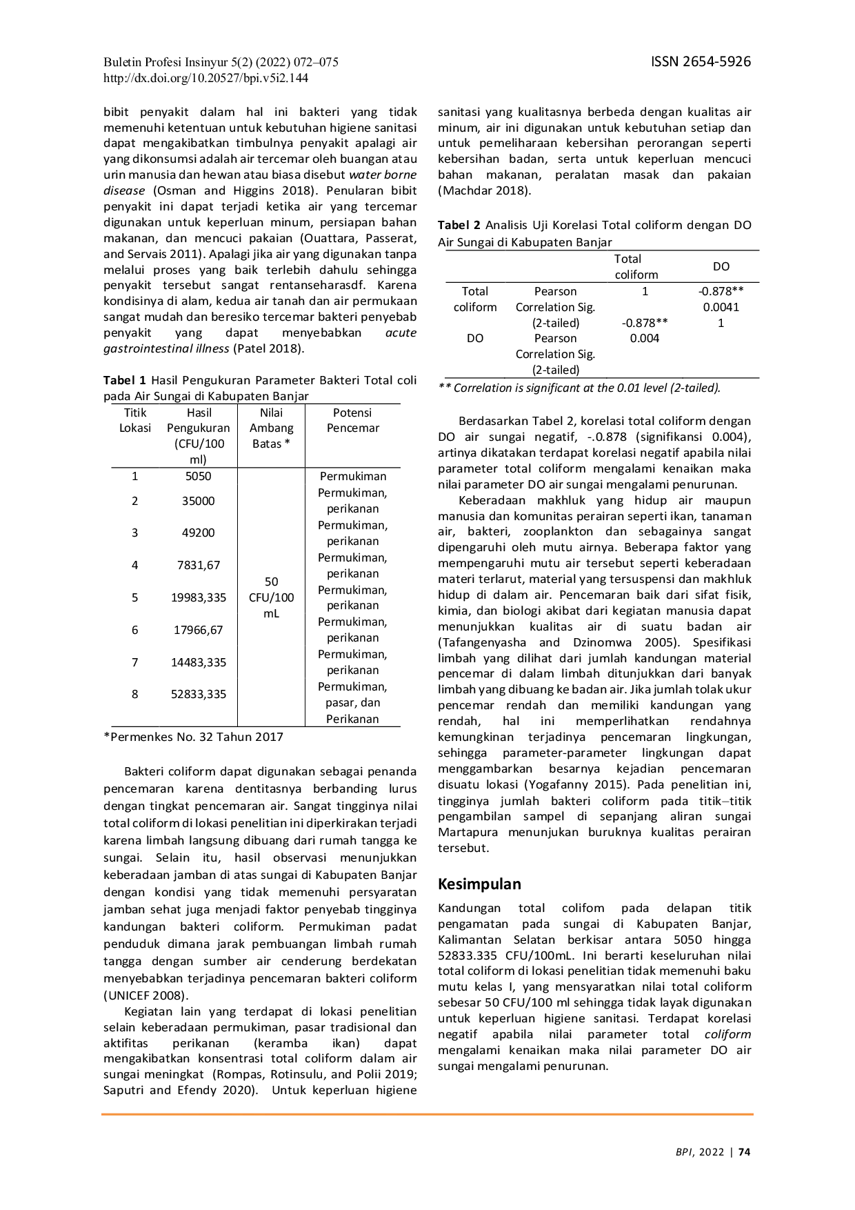 JURIS Kualitas Air Sungai di Kabupaten Banjar Dikaji dari Parameter Total Coli untuk Keperluan Higiene Sanitasi