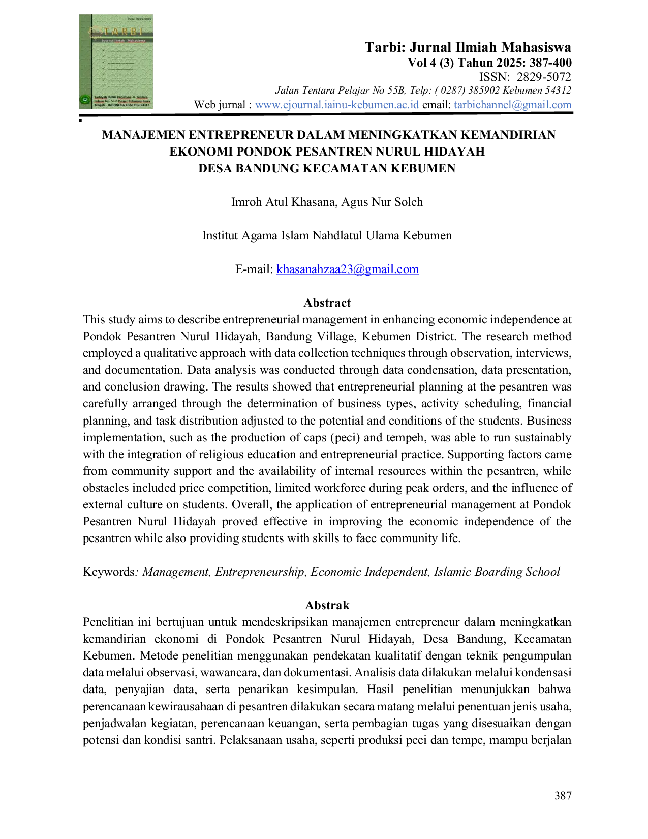 JURIS Manajemen Entrepreneur dalam Meningkatkan Kemandirian Ekonomi Pondok Pesantren Nurul Hidayah Desa Bandung Kecamatan Kebumen