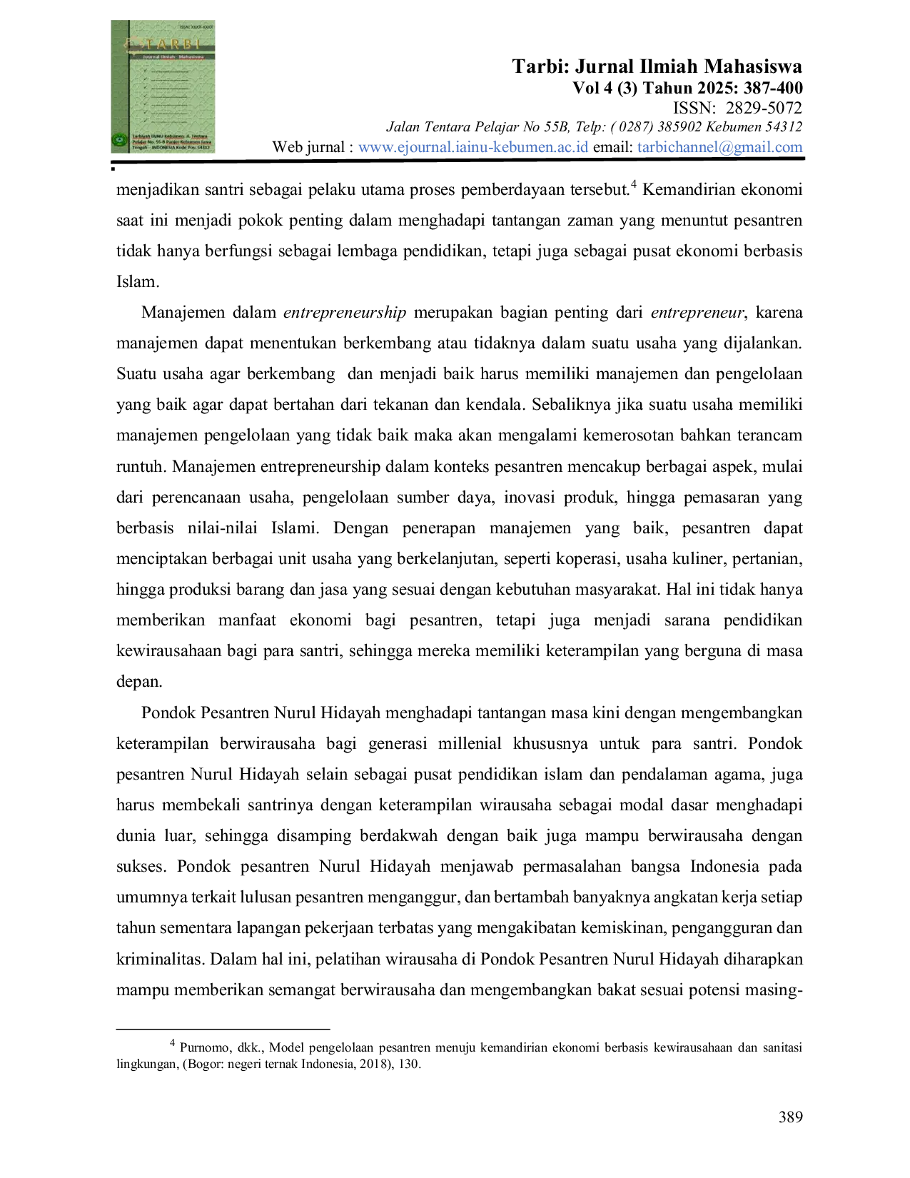 JURIS Manajemen Entrepreneur dalam Meningkatkan Kemandirian Ekonomi Pondok Pesantren Nurul Hidayah Desa Bandung Kecamatan Kebumen