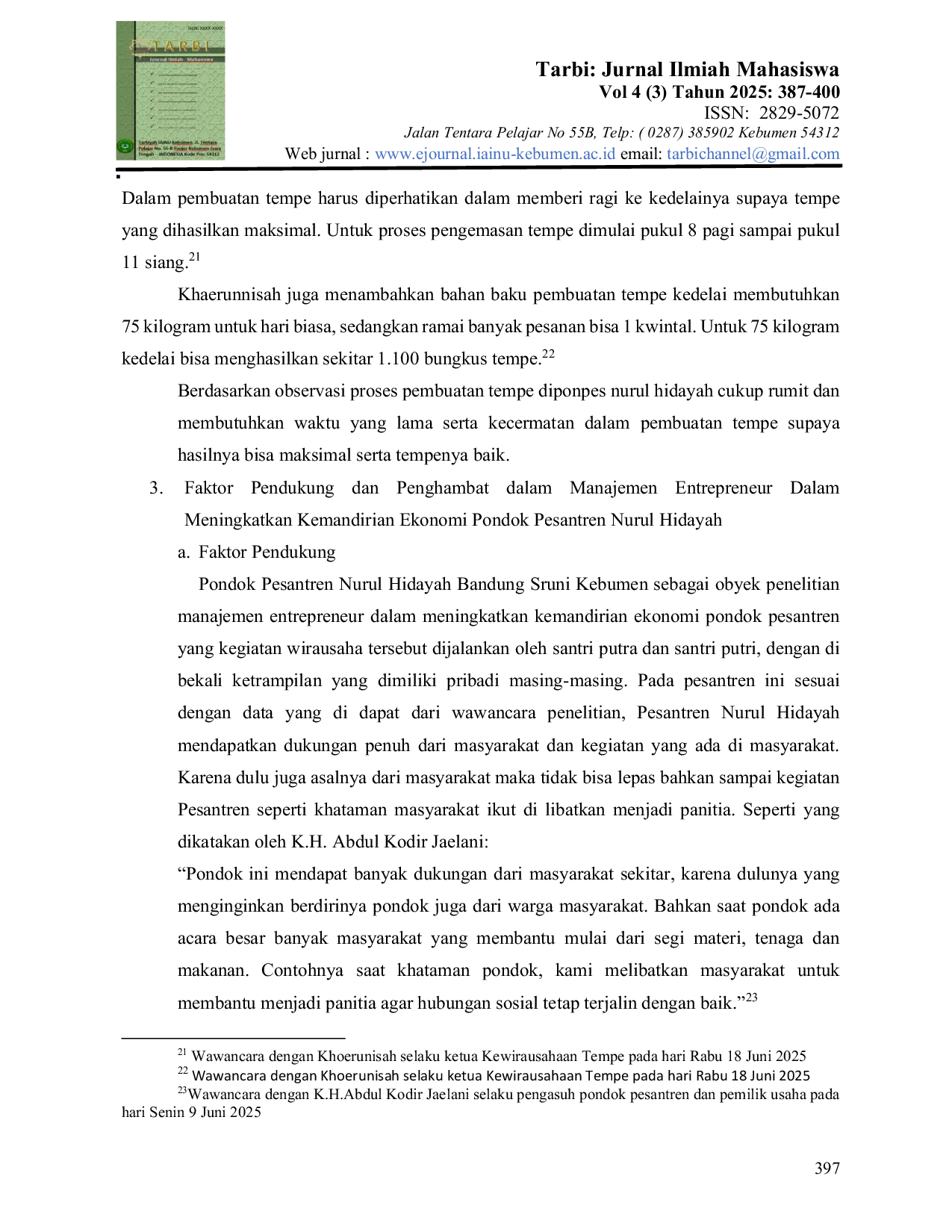 JURIS Manajemen Entrepreneur dalam Meningkatkan Kemandirian Ekonomi Pondok Pesantren Nurul Hidayah Desa Bandung Kecamatan Kebumen