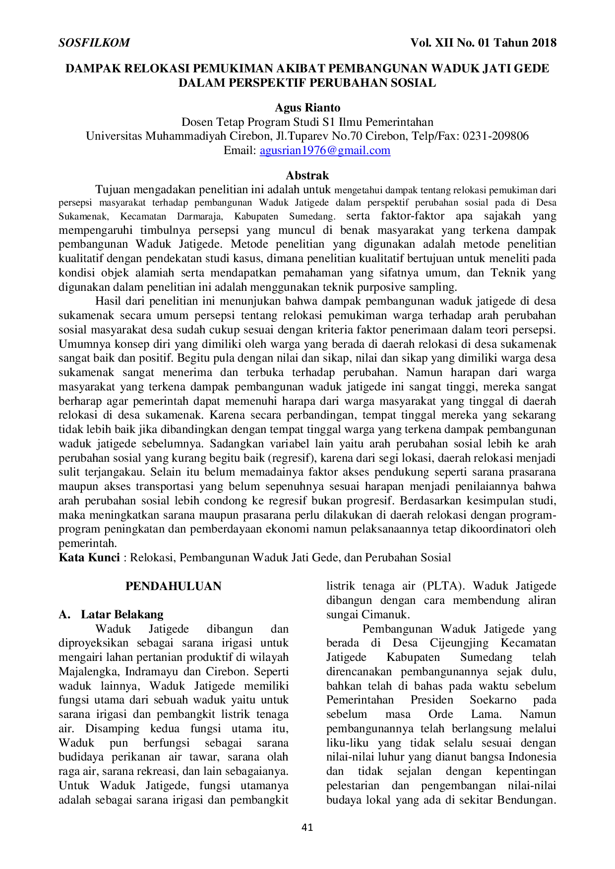 JURIS Dampak Relokasi Pemukiman Akibat Pembangunan Waduk Jati Gede Dalam Perspektif Perubahan Sosial