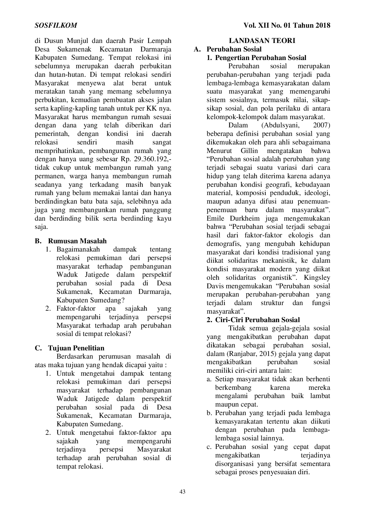 JURIS Dampak Relokasi Pemukiman Akibat Pembangunan Waduk Jati Gede Dalam Perspektif Perubahan Sosial