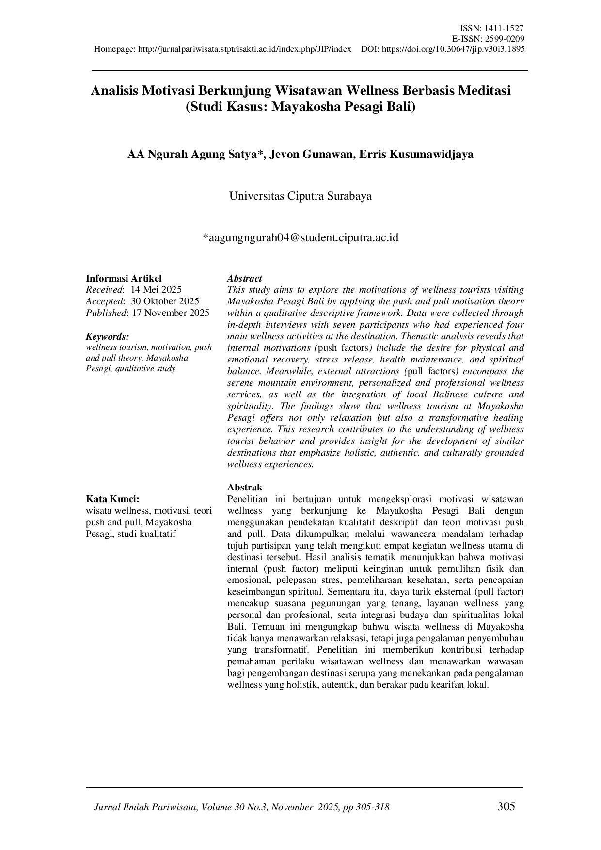 JURIS Analisis Motivasi Berkunjung Wisatawan Wellness Berbasis Meditasi Studi Kasus Mayakosha Pesagi Bali