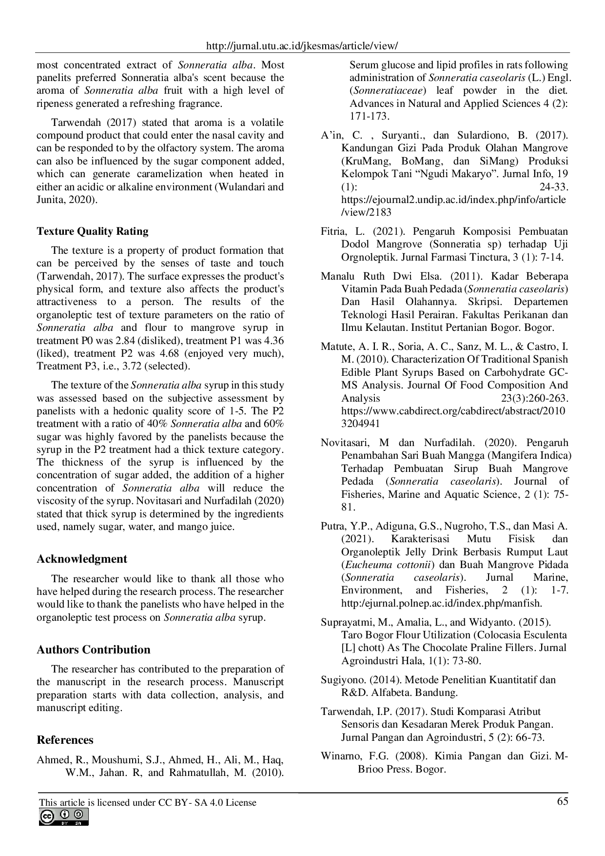 JURIS Effect of the Concentration of Added Sugar on Organoleptic Properties of Mangrove Syrup from Sonneratia alba fruit