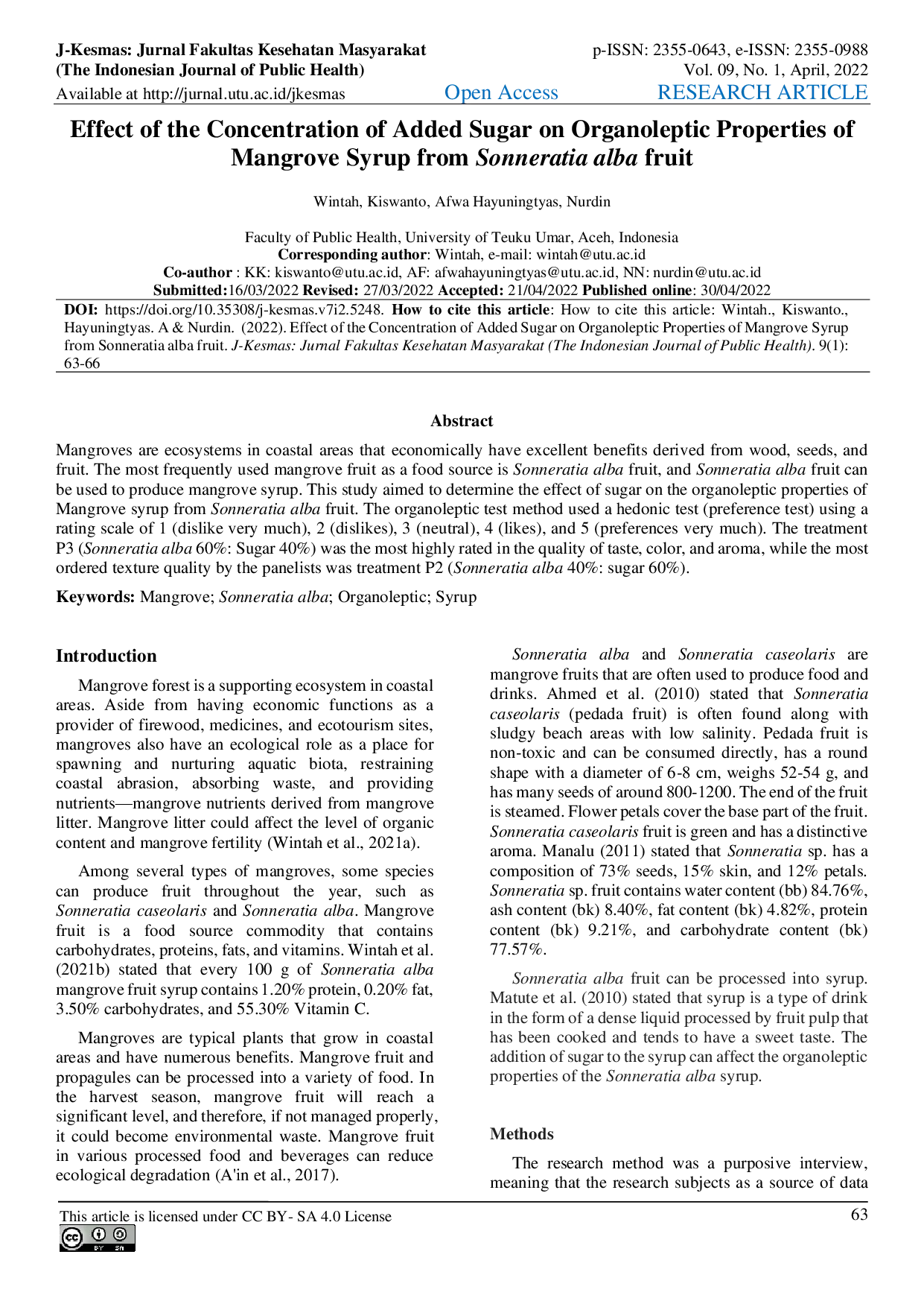 JURIS Effect of the Concentration of Added Sugar on Organoleptic Properties of Mangrove Syrup from Sonneratia alba fruit