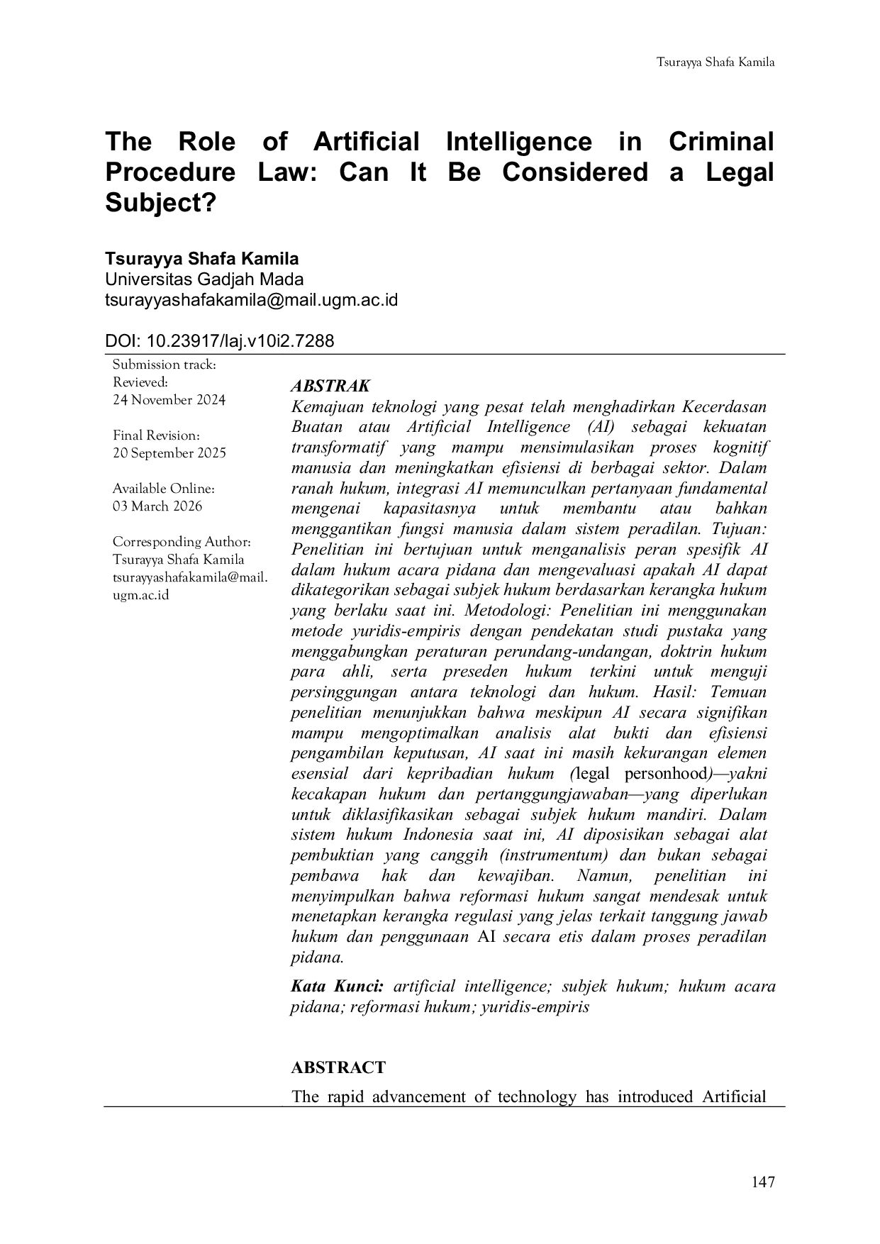 JURIS The Role of Artificial Intelligence in Criminal Procedure Law Can It Be Considered a Legal Subject