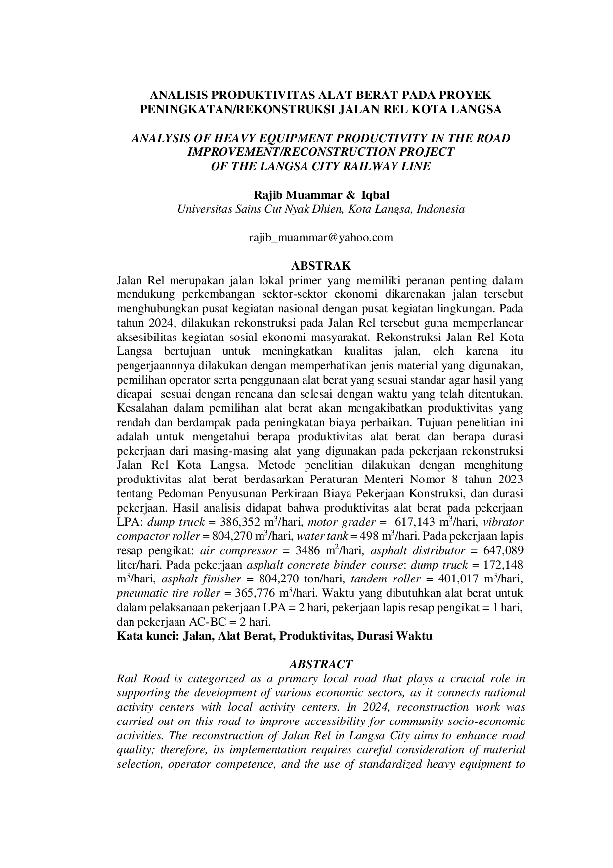 JURIS Analisis Produktivitas Alat Berat Pada Proyek Peningkatan Rekonstruksi Jalan Rel Kota Langsa