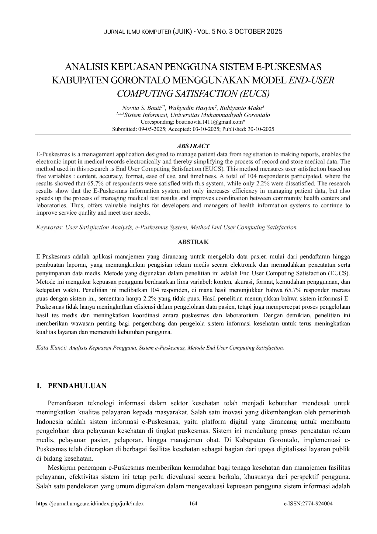 JURIS Analisis Kepuasan Pengguna Sistem E Puskesmas Kabupaten Gorontalo Menggunakan Model End User Computing Satisfaction EUCS