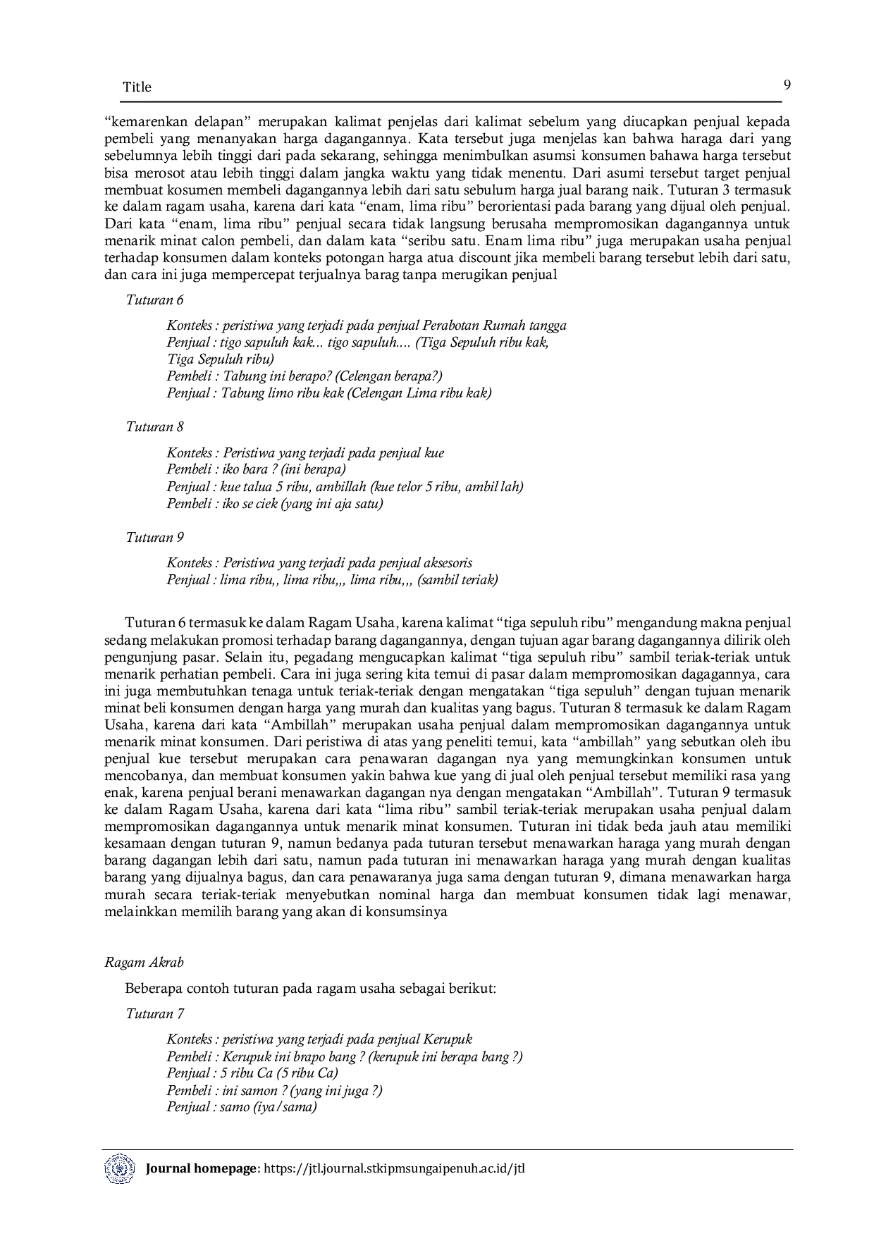 JURIS Ragam Bahasa Penjual di Pasar Senen Siulak Kabupaten Kerinci Kajian Sosiolinguistik