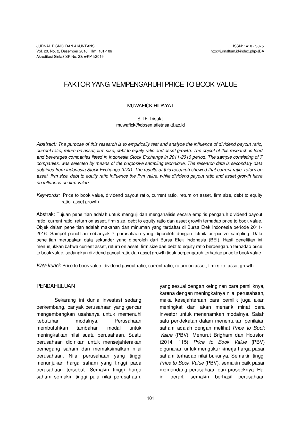 JURIS Faktor Yang Mempengaruhi Price To Book Value