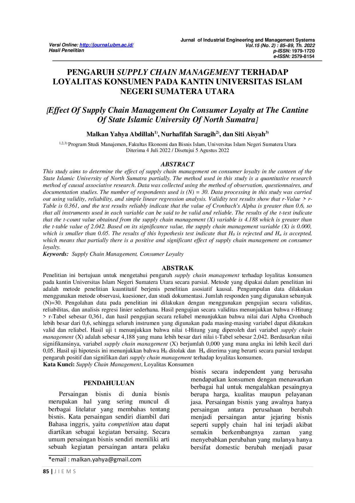 JURIS Pengaruh Supply Chain Management Terhadap Loyalitas Konsumen pada Kantin Universitas Islam Negeri Sumatera Utara