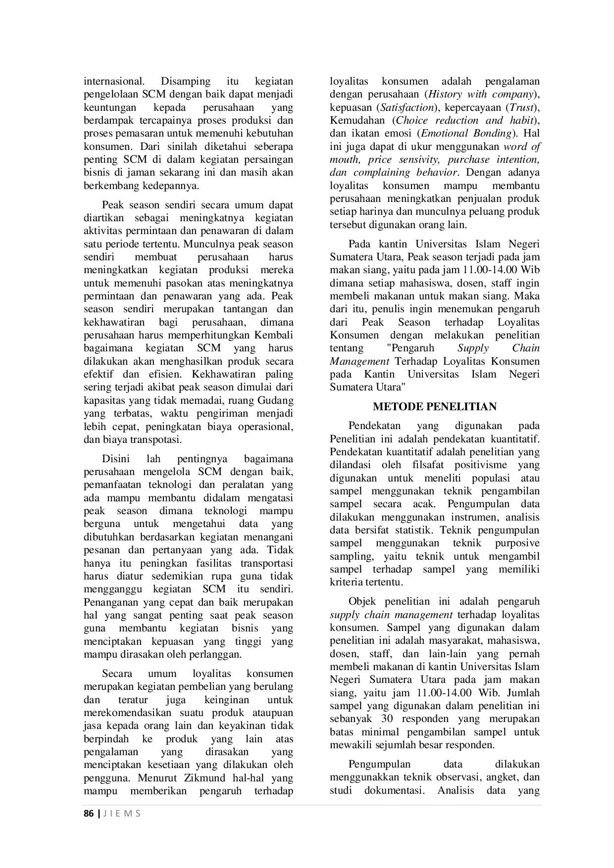 JURIS Pengaruh Supply Chain Management Terhadap Loyalitas Konsumen pada Kantin Universitas Islam Negeri Sumatera Utara