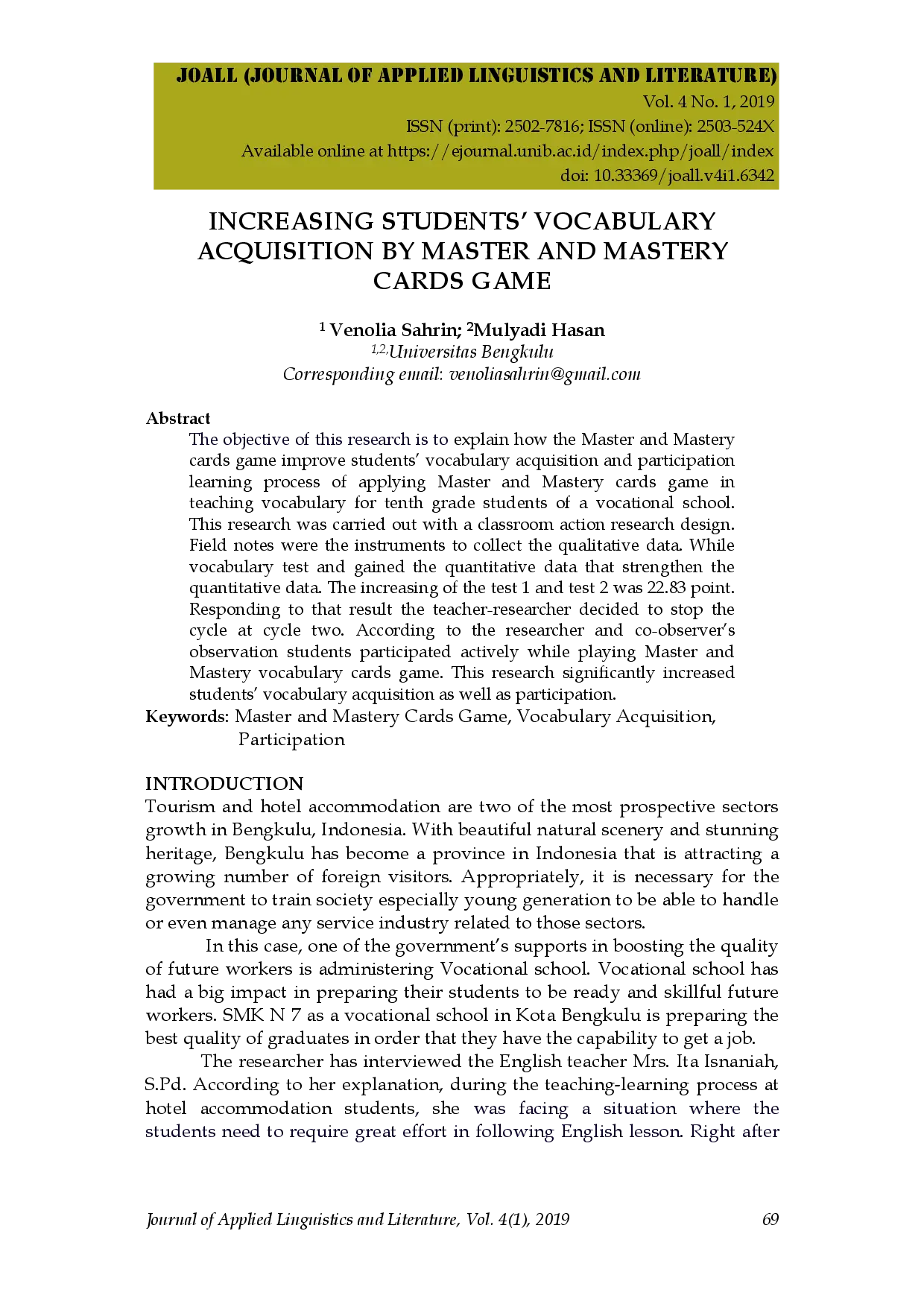 juris Increasing Students Vocabulary Acquisition by Master and Mastery Cards Game