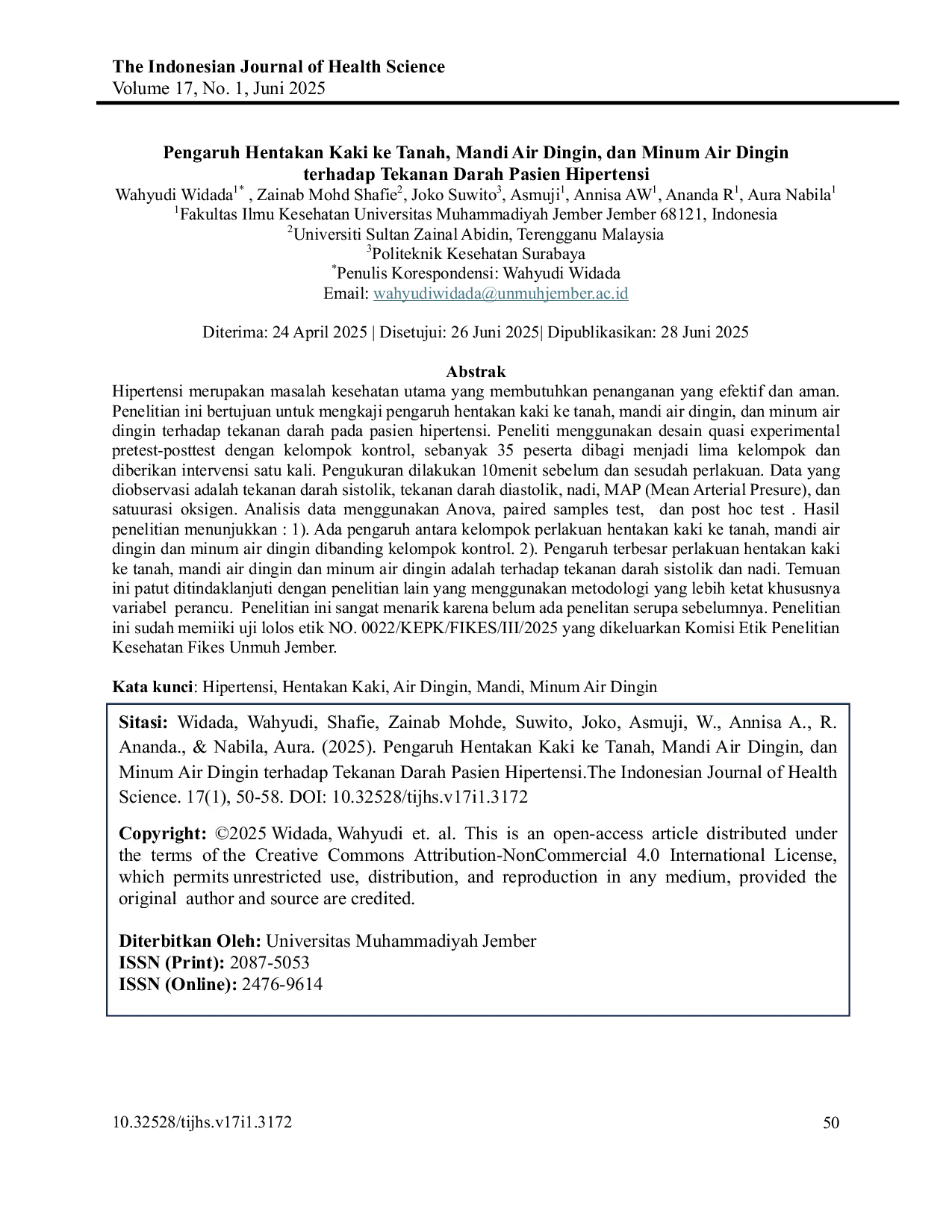 JURIS Pengaruh Hentakan Kaki ke Tanah Mandi Air Dingin dan Minum Air Dingin terhadap Tekanan Darah Pasien Hipertensi