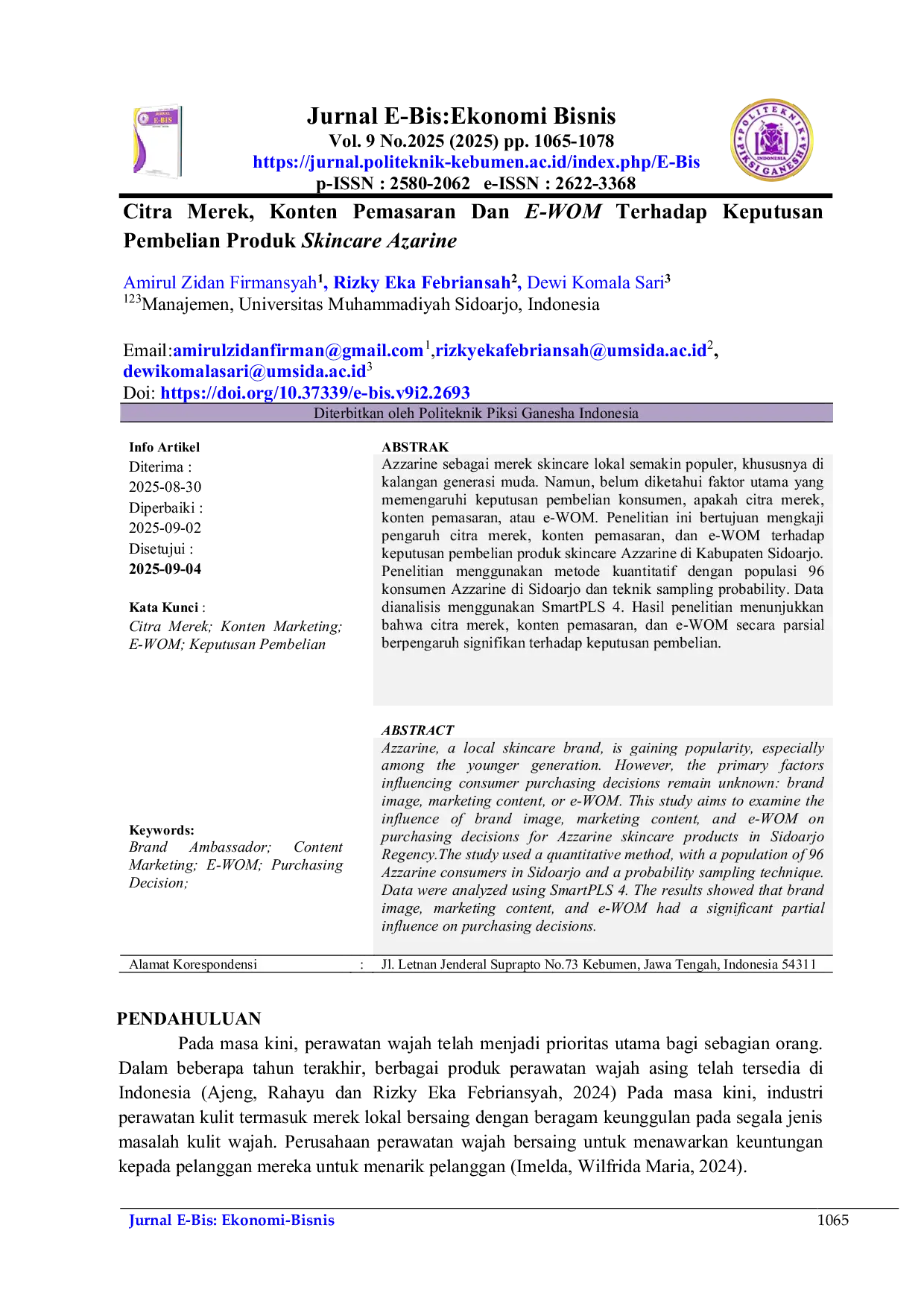 JURIS Citra Merek Konten Pemasaran Dan E WOM Terhadap Keputusan Pembelian Produk Skincare Azarine