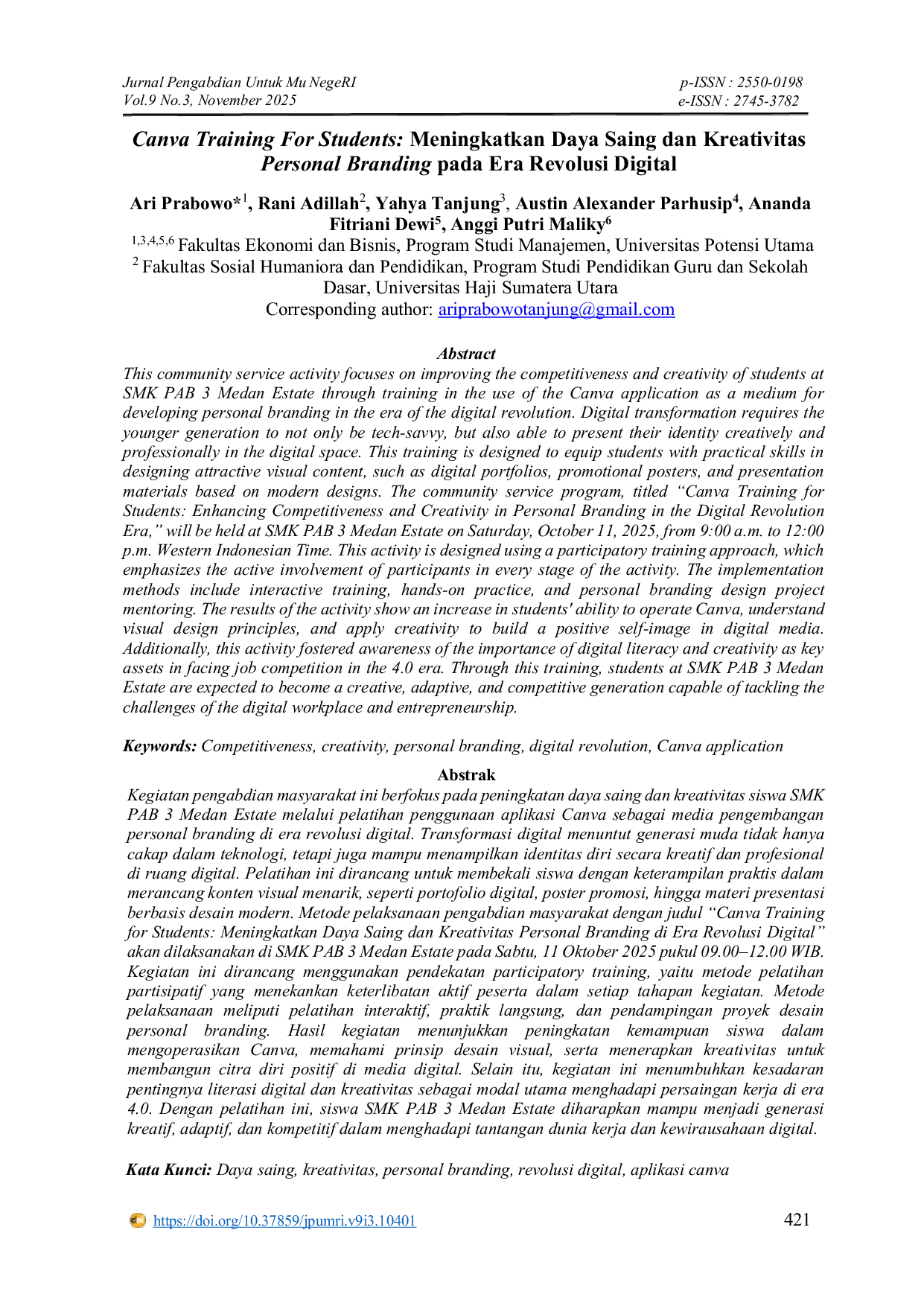 JURIS Canva Training For Students Meningkatkan Daya Saing dan Kreativitas Personal Branding pada Era Revolusi Digital