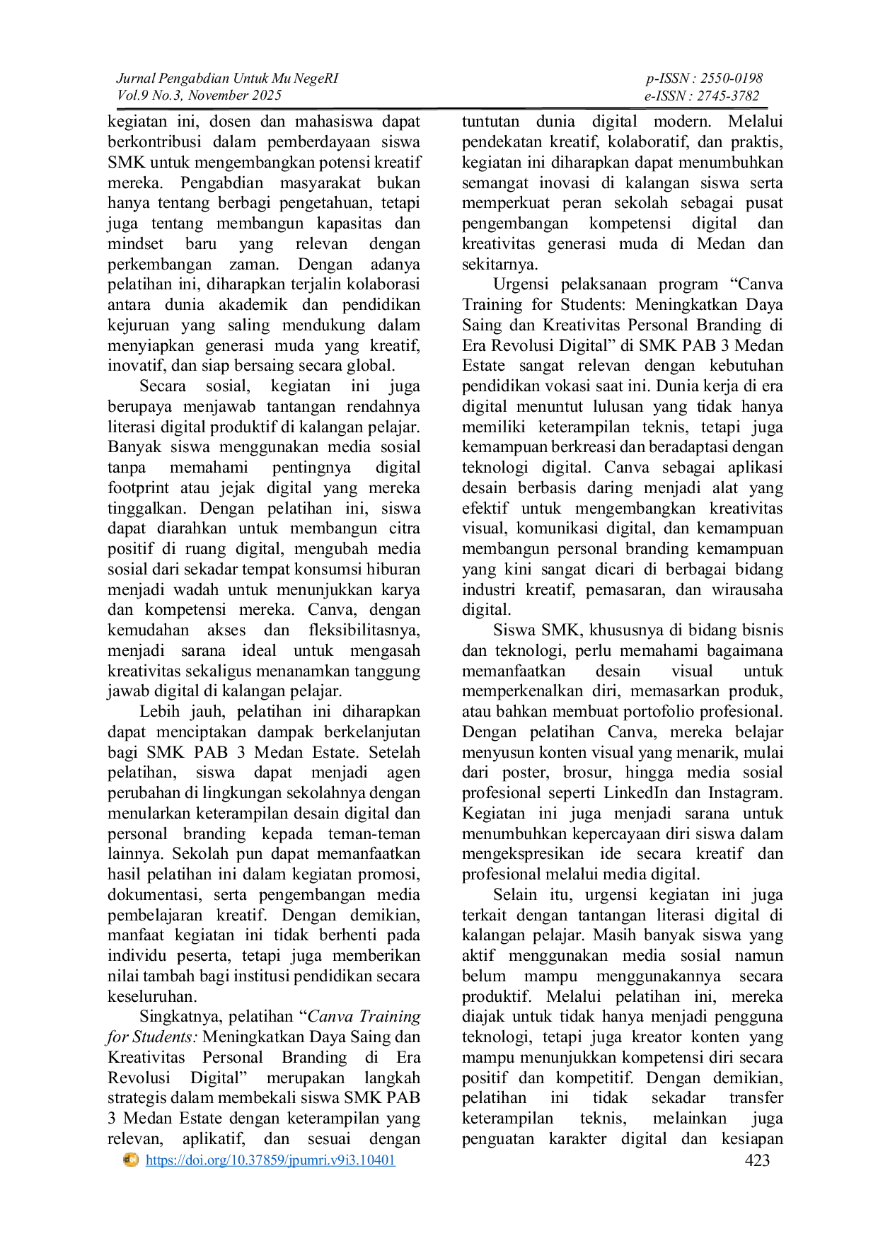 JURIS Canva Training For Students Meningkatkan Daya Saing dan Kreativitas Personal Branding pada Era Revolusi Digital