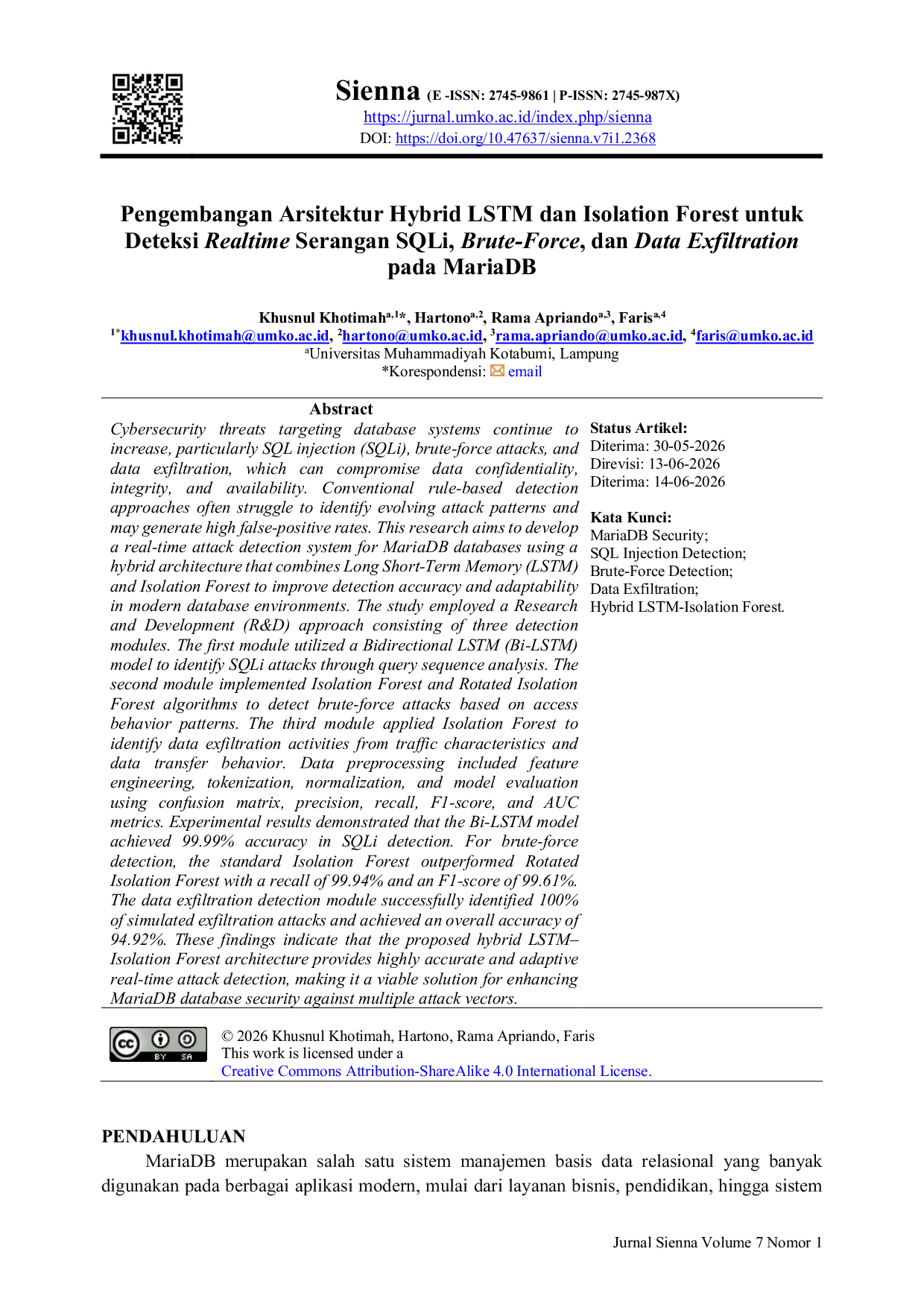 JURIS Development of a Hybrid LSTM and Isolation Forest Architecture for Realtime SQLi Brute Force and Data Exfiltration Attack Detection on MariaDB