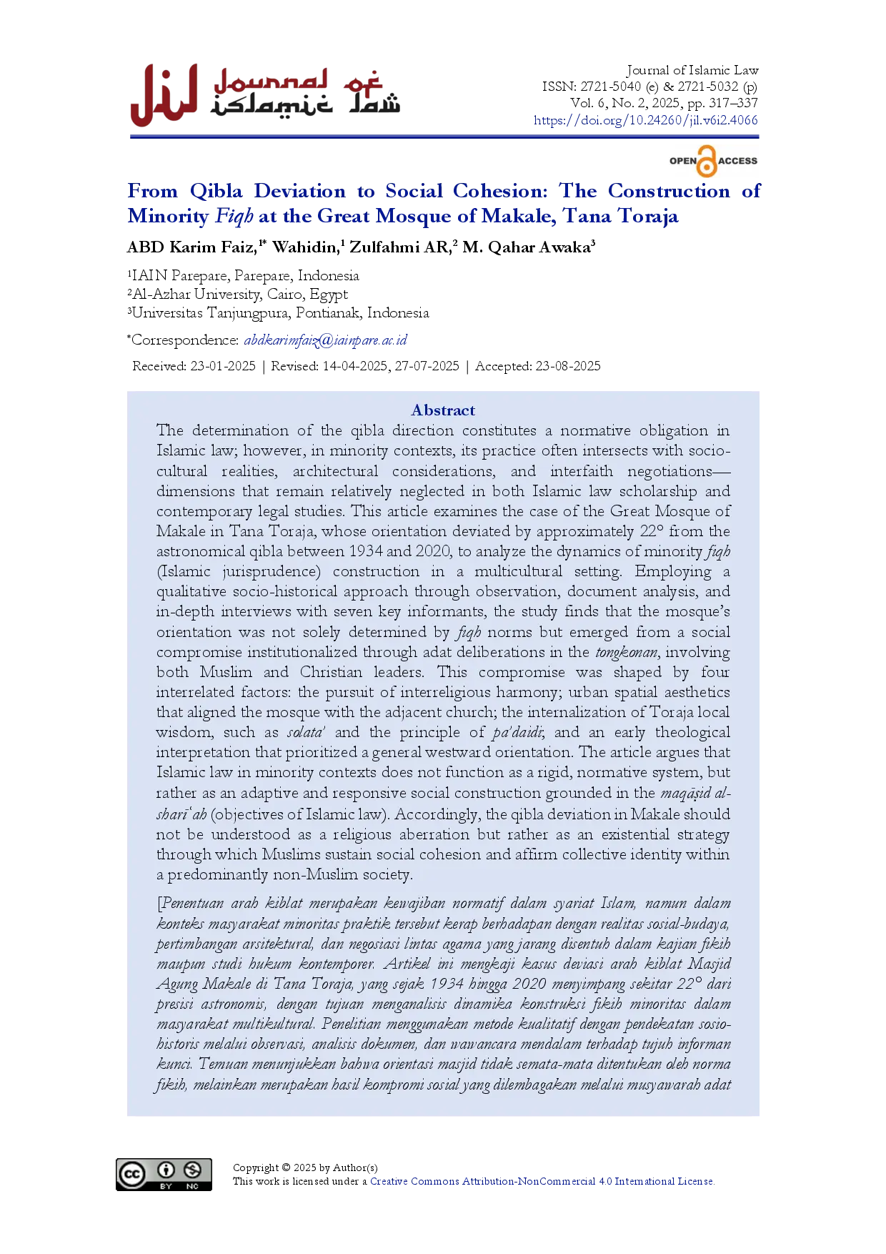 juris From Qibla Deviation to Social Cohesion The Construction of Minority Fiqh at the Great Mosque of Makale Tana Toraja