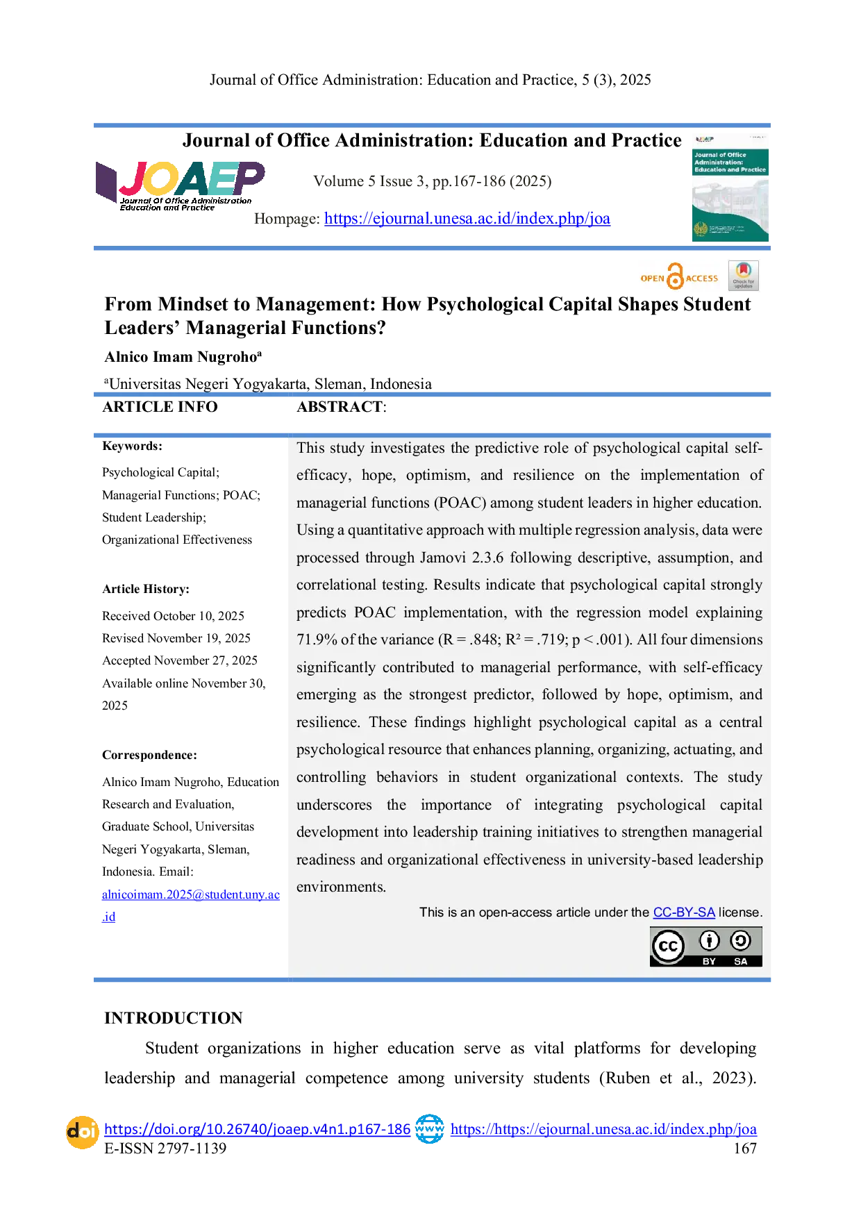 JURIS From Mindset to Management How Psychological Capital Shapes Student Leaders Managerial Functions
