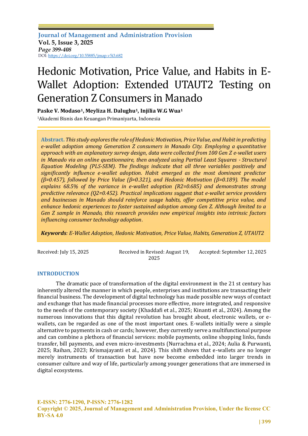 JURIS Hedonic Motivation Price Value and Habits In E Wallet Adoption Extended UTAUT2 Testing On Generation Z Consumers In Manado