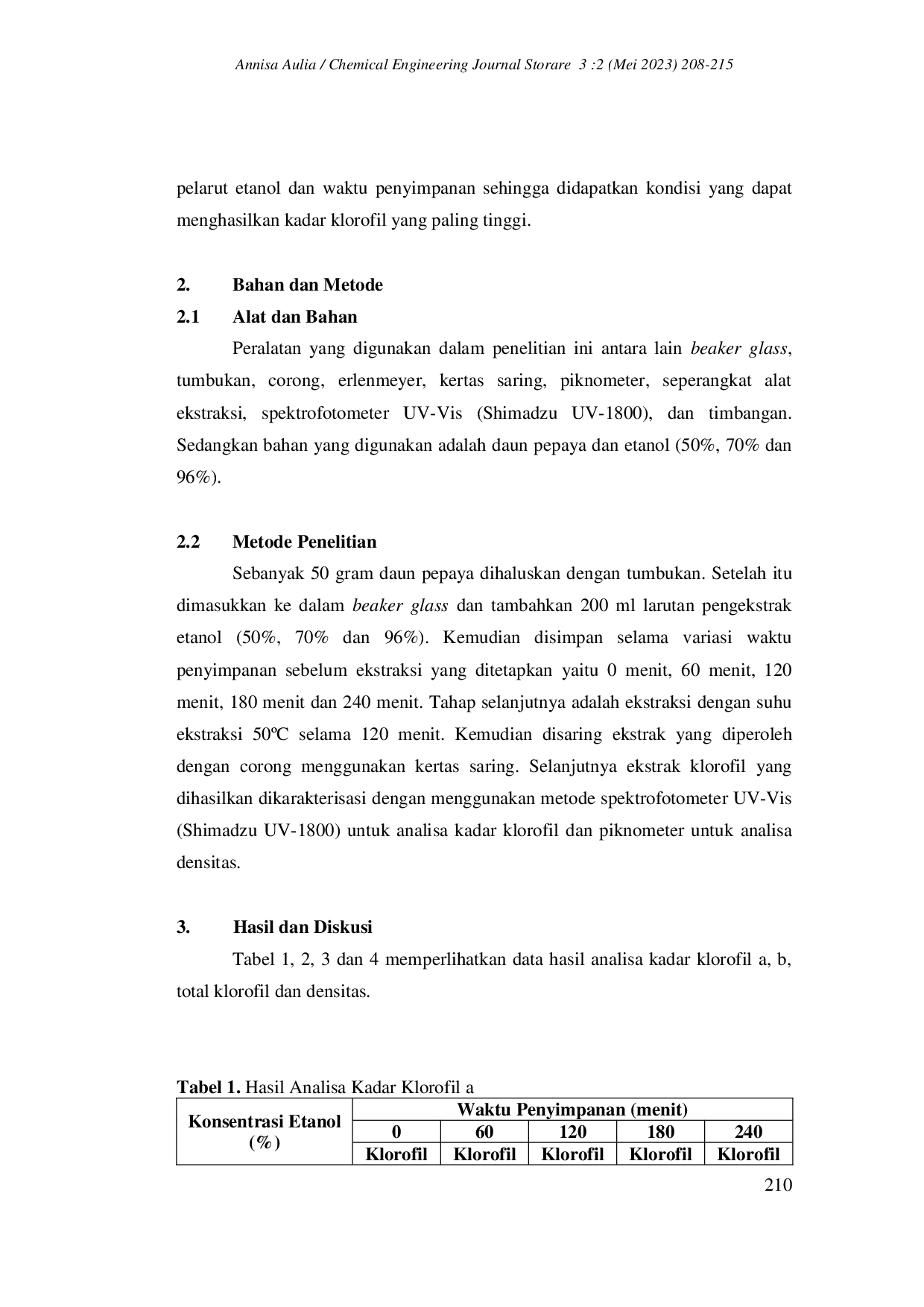 JURIS PENGARUH KONSENTRASI PELARUT ETANOL DAN WAKTU PENYIMPANAN PADA PEMBUATAN EKSTRAK KLOROFIL DARI DAUN PEPAYA Carica papaya L