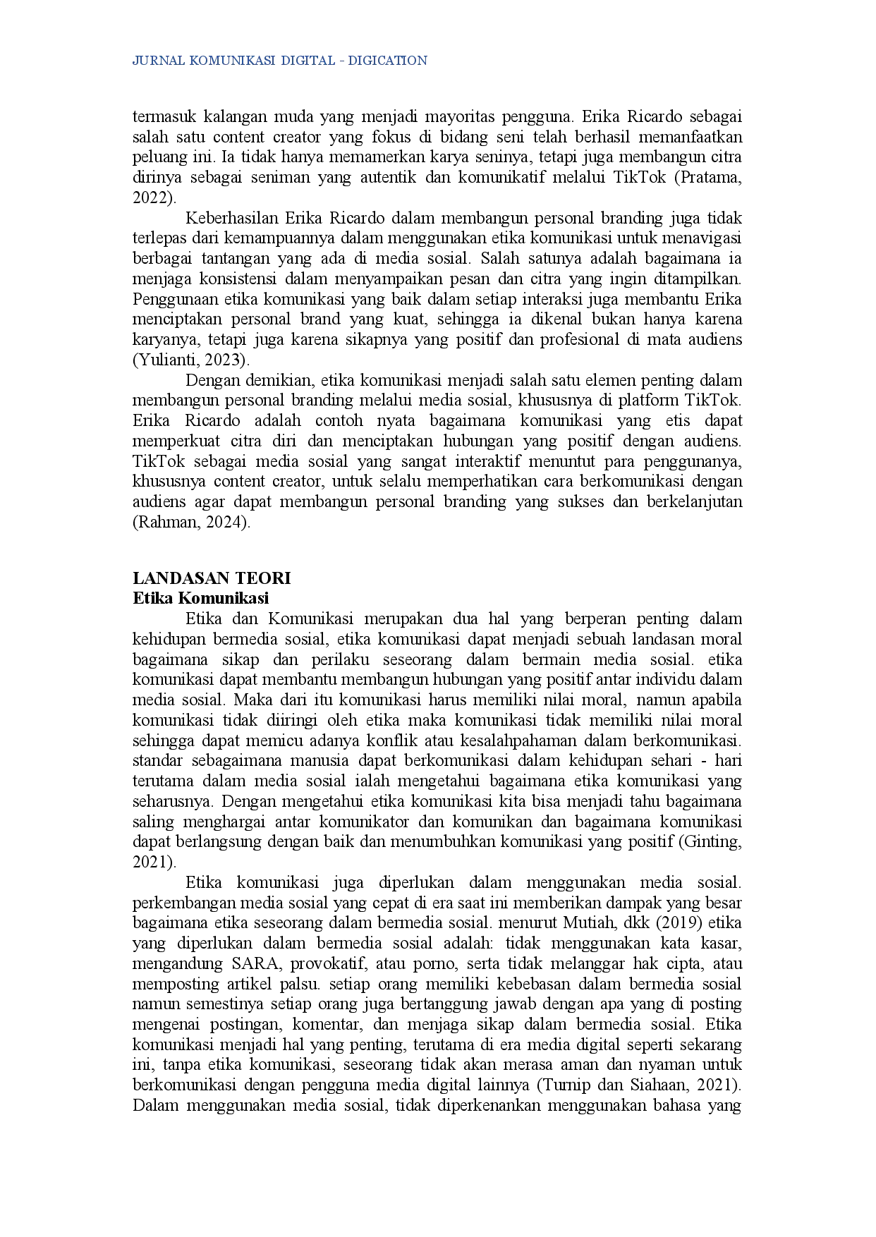 juris Analisis Etika Komunikasi Dalam Membangun Personal Branding Studi Kasus TikTok ErikaRichardo