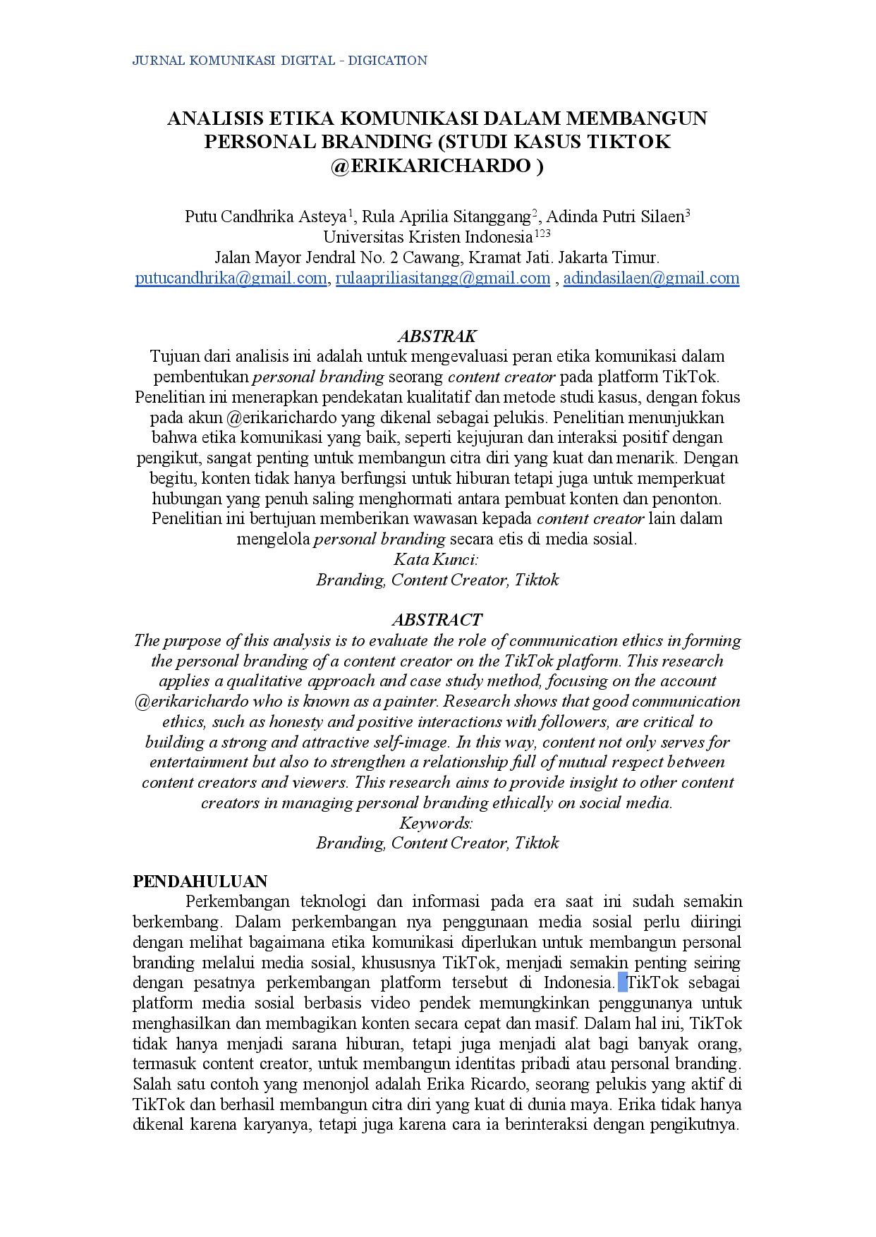juris Analisis Etika Komunikasi Dalam Membangun Personal Branding Studi Kasus TikTok ErikaRichardo