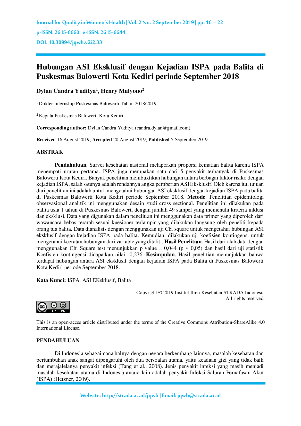 JURIS Hubungan ASI Eksklusif dengan Kejadian ISPA pada Balita di Puskesmas Balowerti Kota Kediri periode September 2018