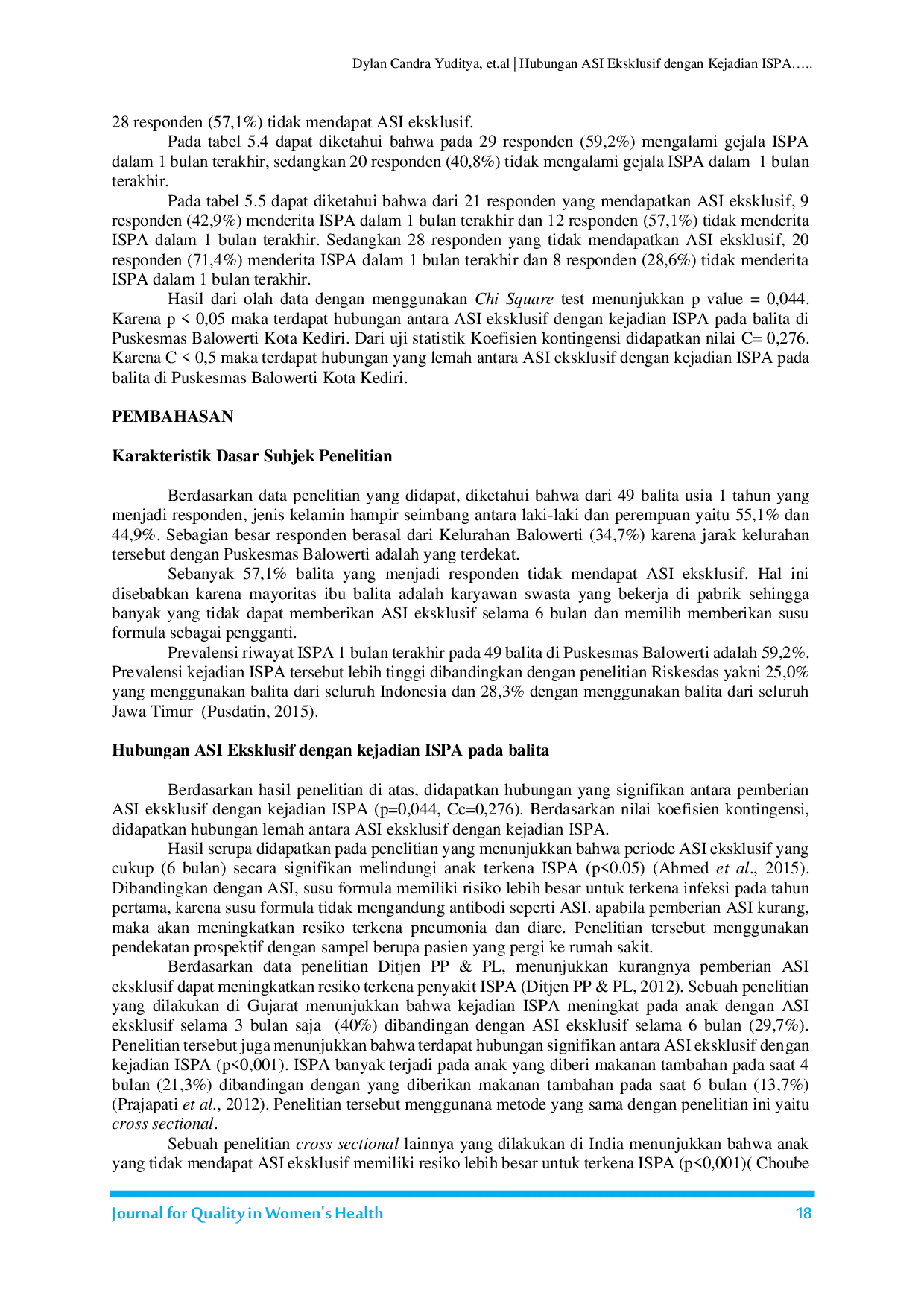 JURIS Hubungan ASI Eksklusif dengan Kejadian ISPA pada Balita di Puskesmas Balowerti Kota Kediri periode September 2018