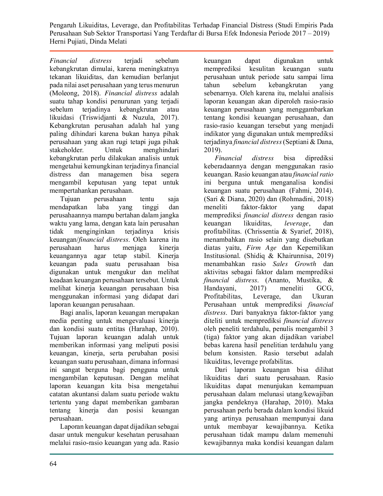 JURIS Pengaruh Likuiditas Leverage dan Profitabilitas Terhadap Financial Distress Studi Empiris Pada Perusahaan Sub Sektor Transportasi Yang Terdaftar di Bursa Efek Indonesia Periode 2017 2019
