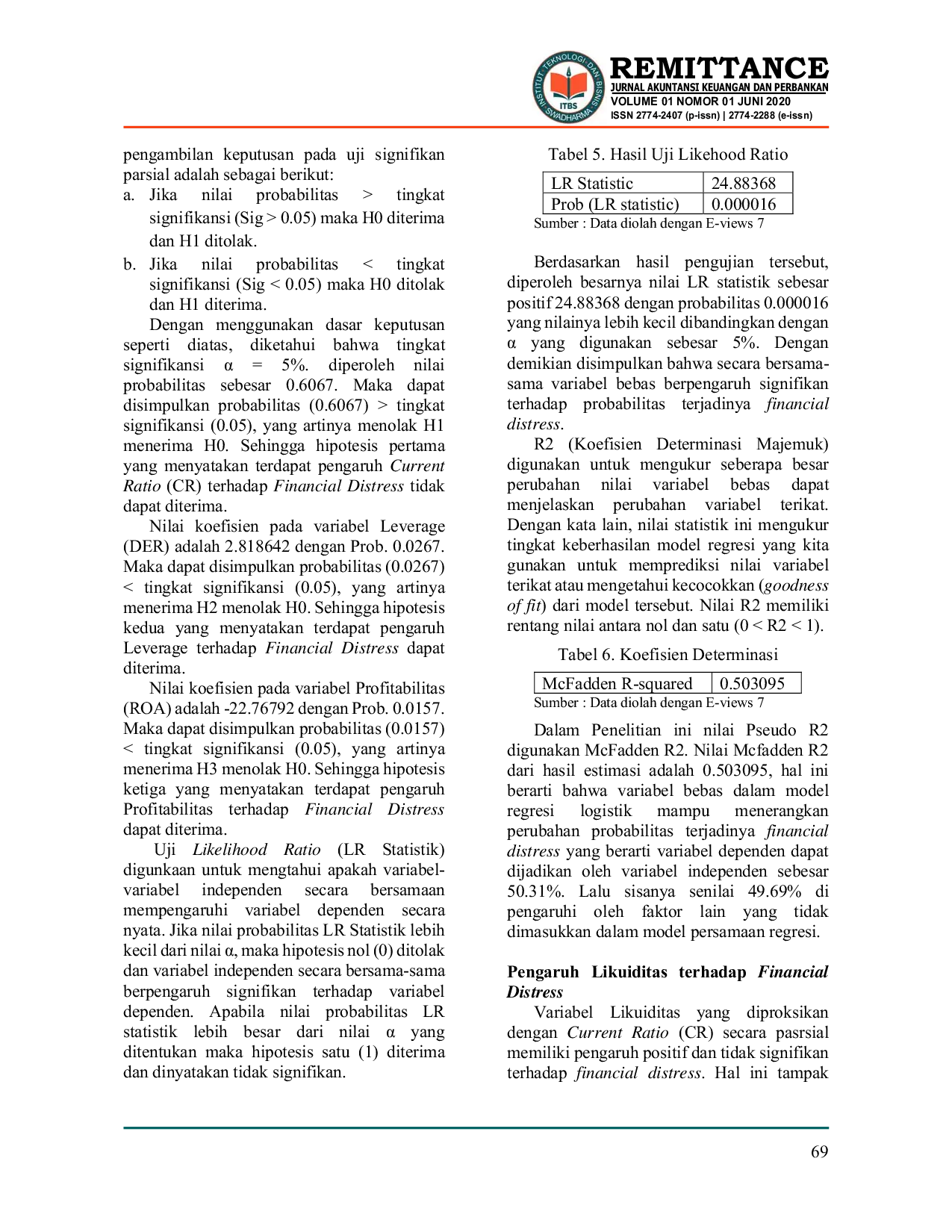 JURIS Pengaruh Likuiditas Leverage dan Profitabilitas Terhadap Financial Distress Studi Empiris Pada Perusahaan Sub Sektor Transportasi Yang Terdaftar di Bursa Efek Indonesia Periode 2017 2019