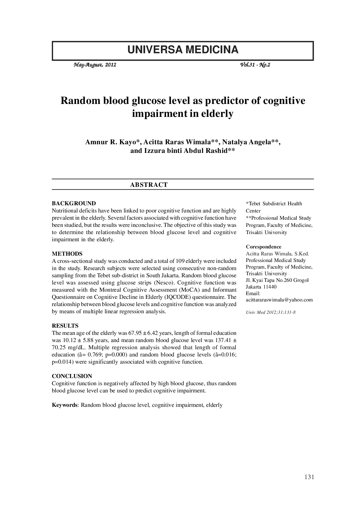 JURIS Kadar Gula Darah Sewaktu Sebagai Prediktor Gangguan Fungsi Kognitif Pada Lanjut Usia