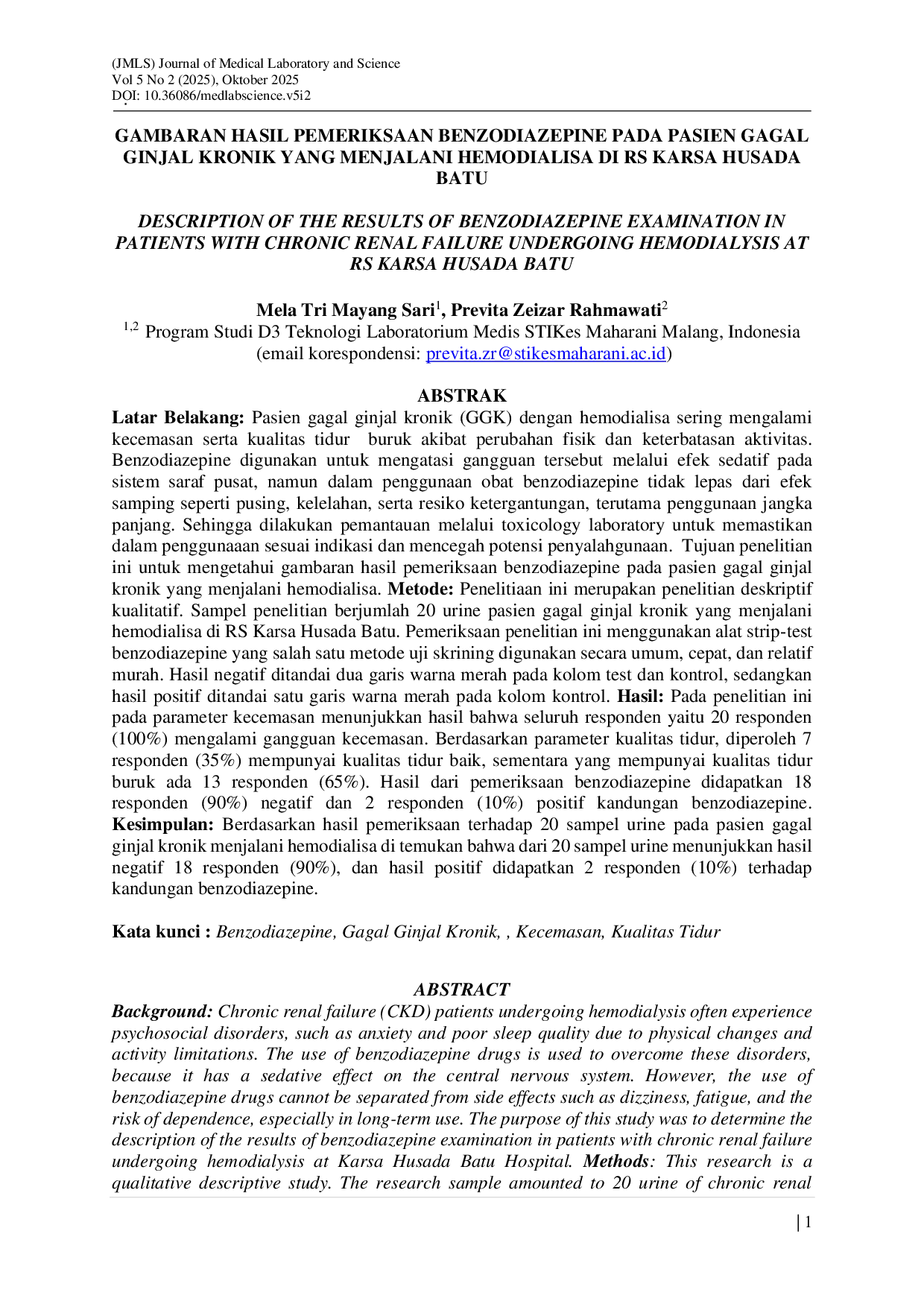 JURIS Gambaran Hasil Pemeriksaan Benzodiazepine Pada Pasien Gagal Ginjal Kronik Yang Menjalani Hemodialisa Di RS Karsa Husada Batu